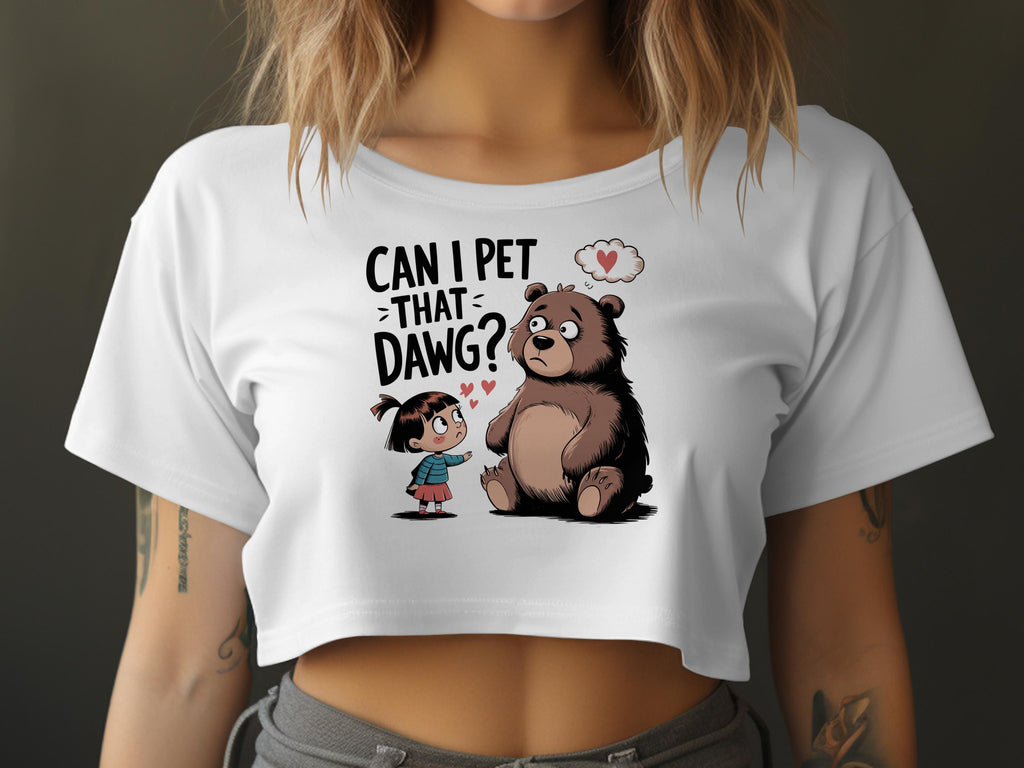 Girl asks a sad bear "Can I pet that dawg?" with a thought bubble.