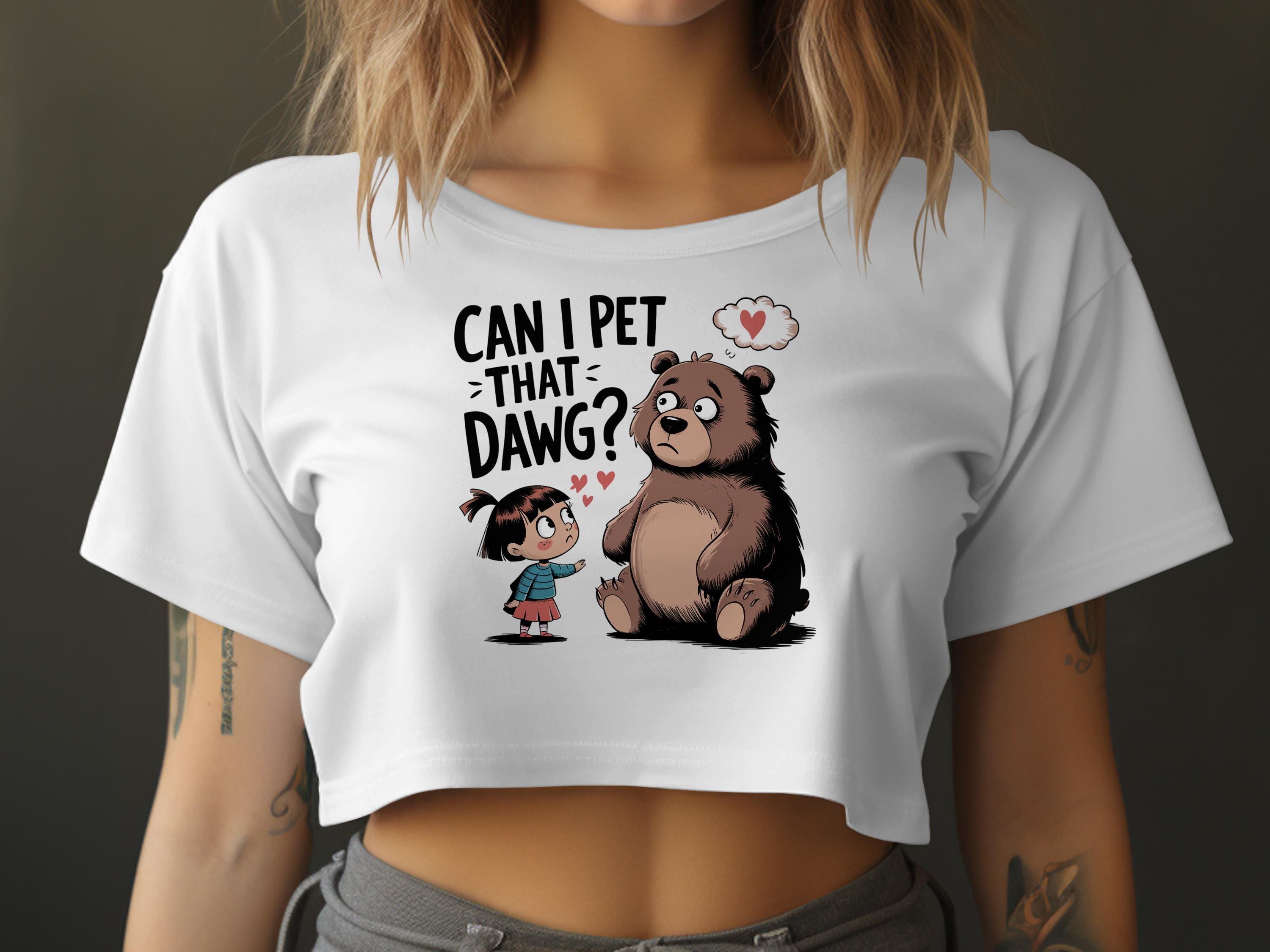 Girl asks a sad bear "Can I pet that dawg?" with a thought bubble.