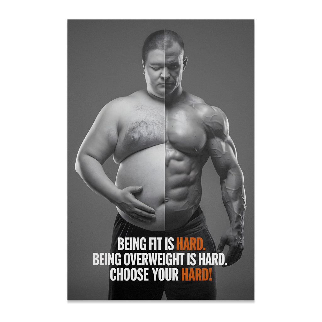 Split image showing overweight man on left, muscular man on right with text.