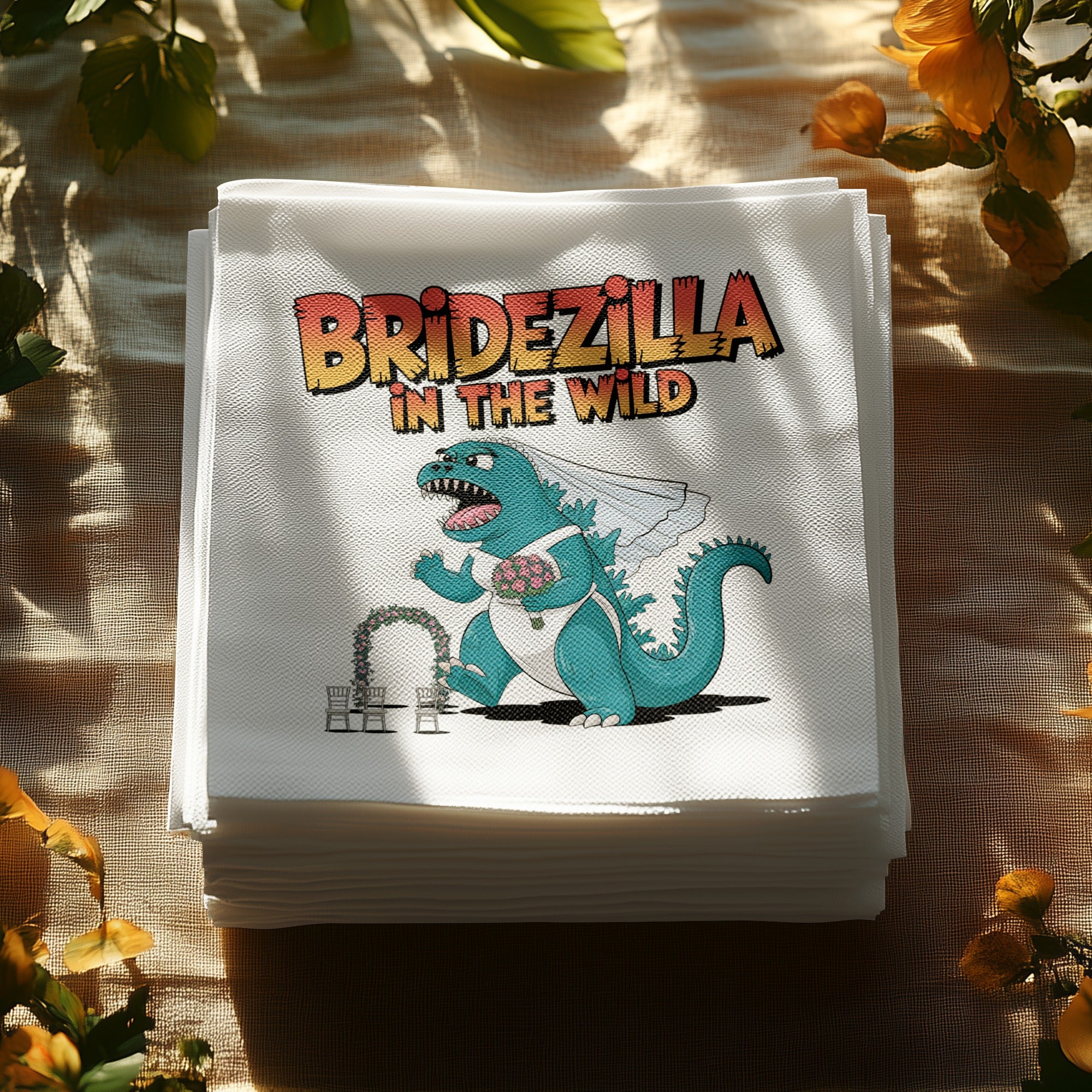 Bridezilla in the wild cartoon dinosaur on wedding napkins.