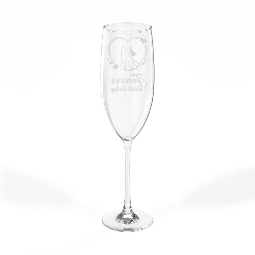 Engraved champagne flute with "Forever Yours" text and heart design.