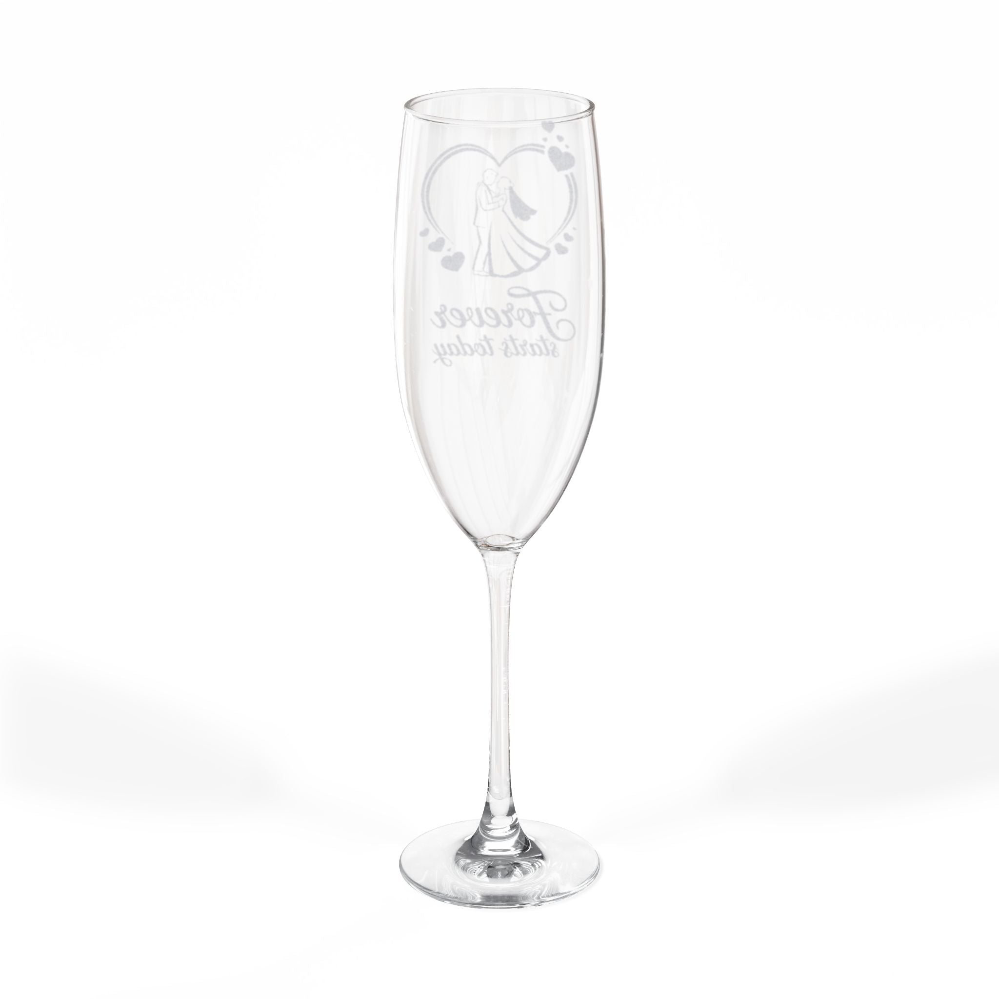 Engraved champagne flute with "Forever Yours" text and heart design.