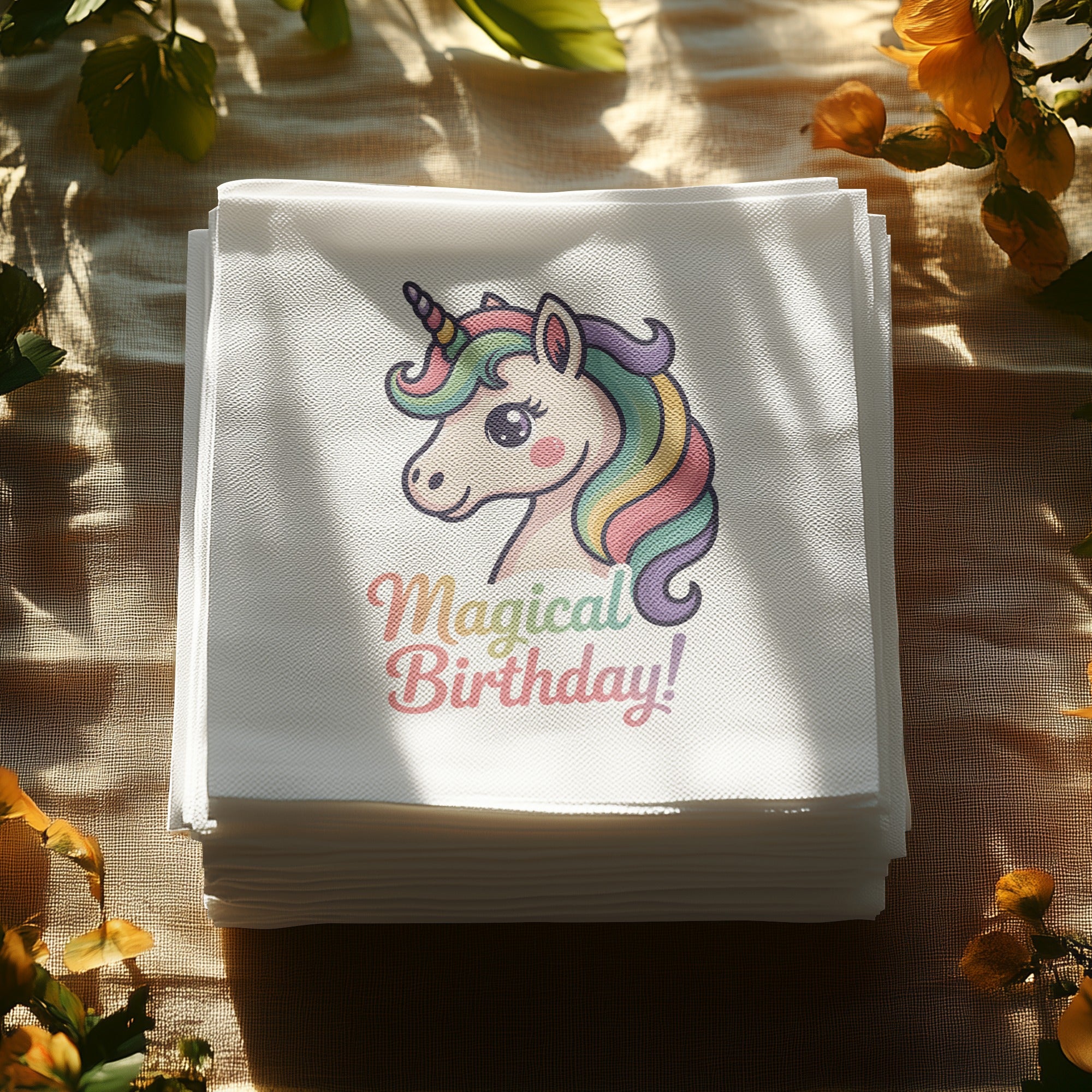 Stack of white napkins with a colorful unicorn and "Magical Birthday!" text.