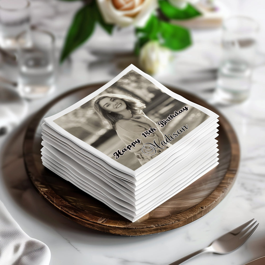 Stack of napkins with "Happy 18th Birthday Madison" text and photo.