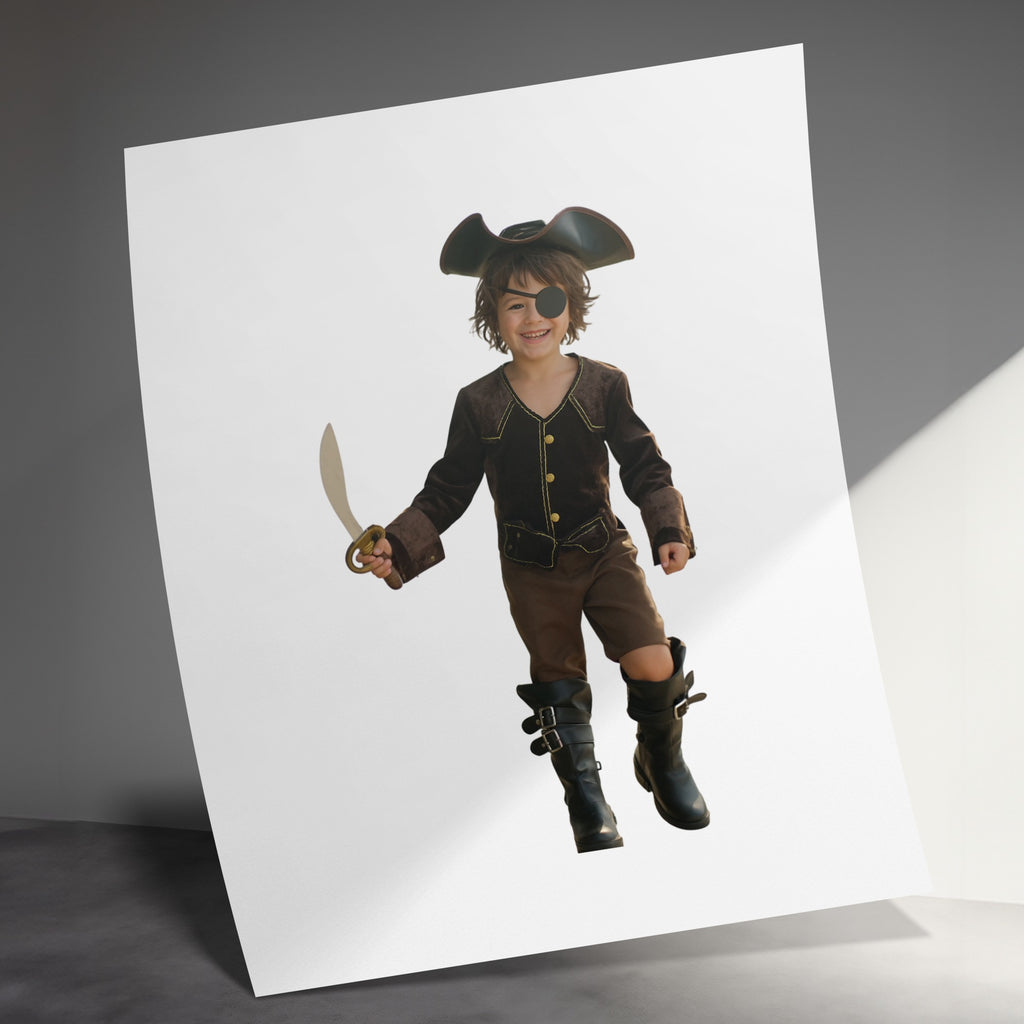 Child in pirate costume with eye patch, hat, and sword.