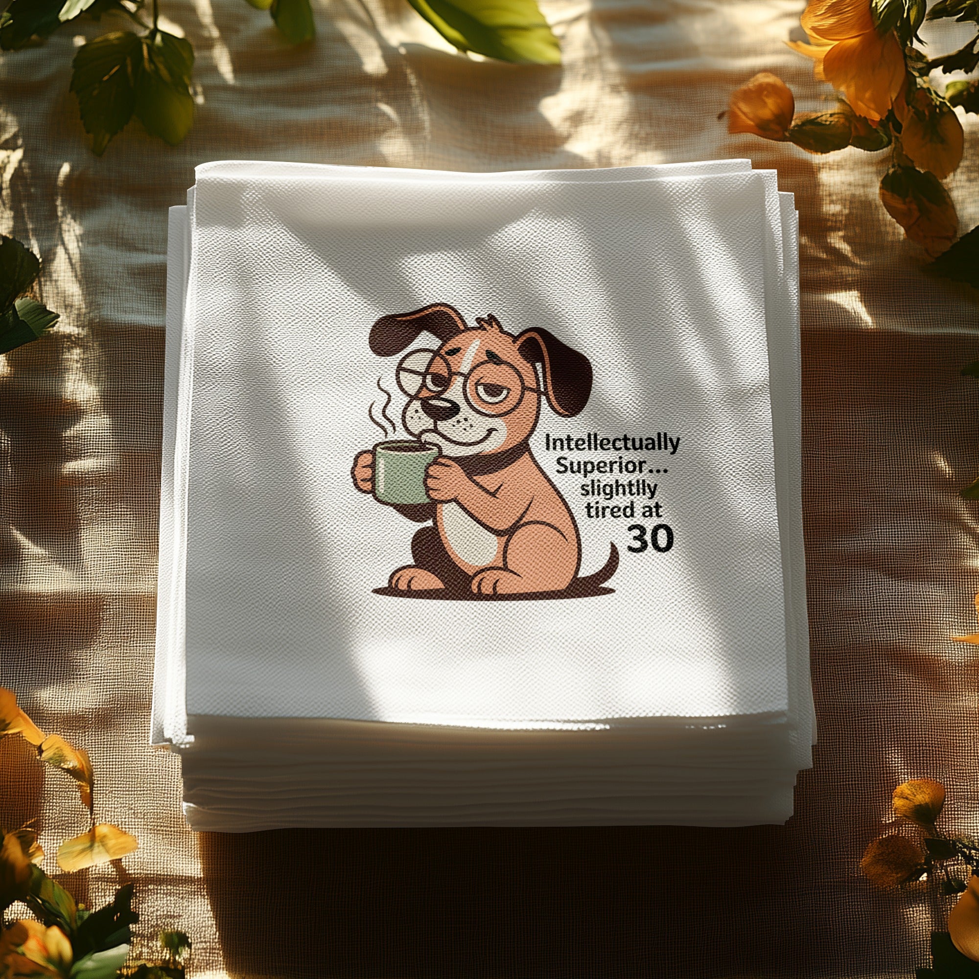 Stack of napkins featuring a dog with coffee and text: "Intellectually Superior... slightly tired at 30".