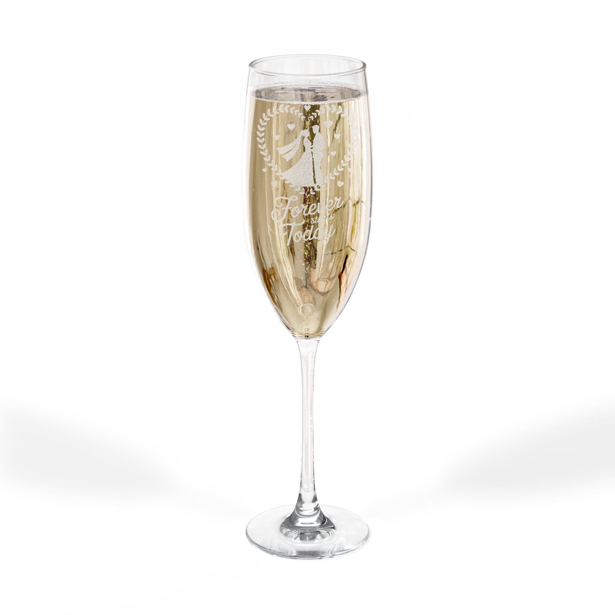 Champagne flute etched with "Forever & Always" and wedding rings.