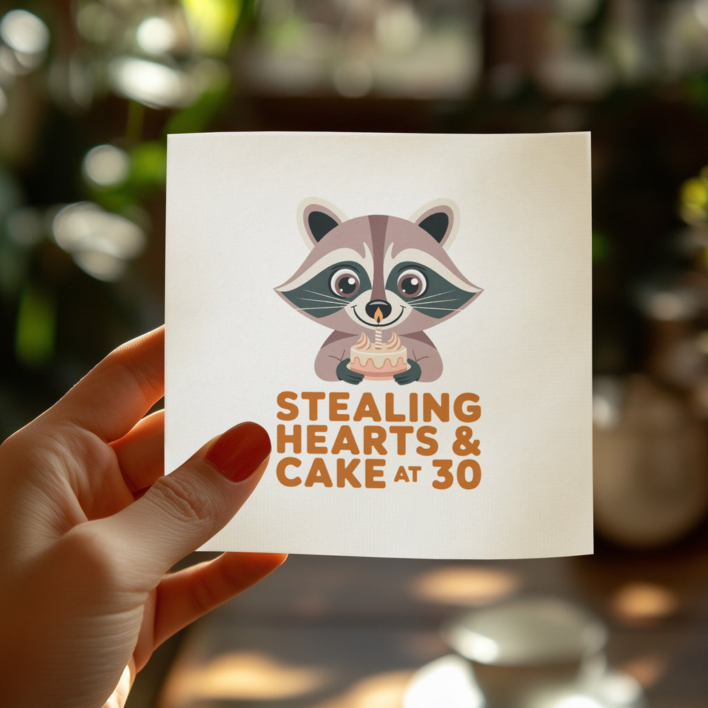 Raccoon holding a cupcake with "Stealing Hearts & Cake at 30" text.