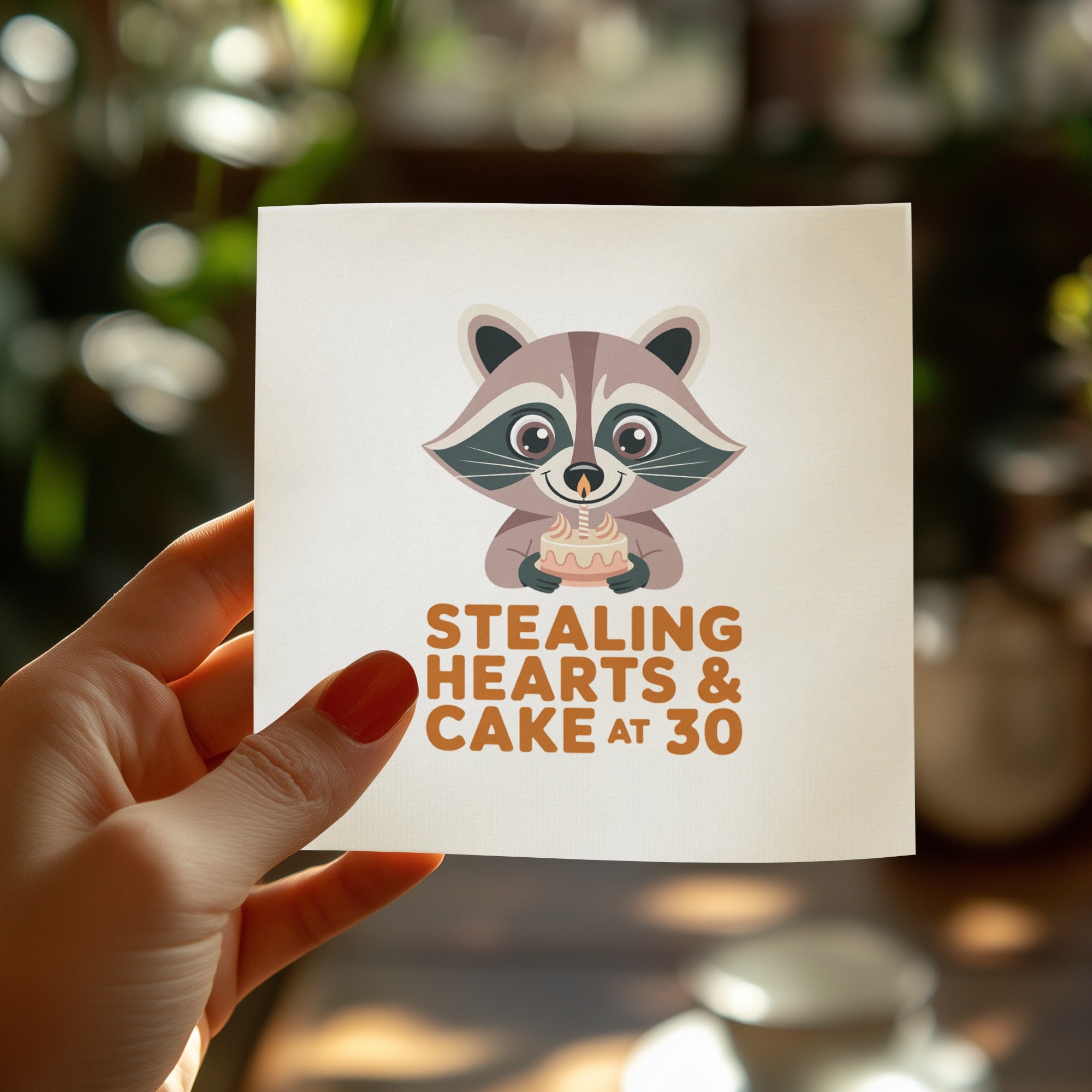 Raccoon holding a cupcake with "Stealing Hearts & Cake at 30" text.