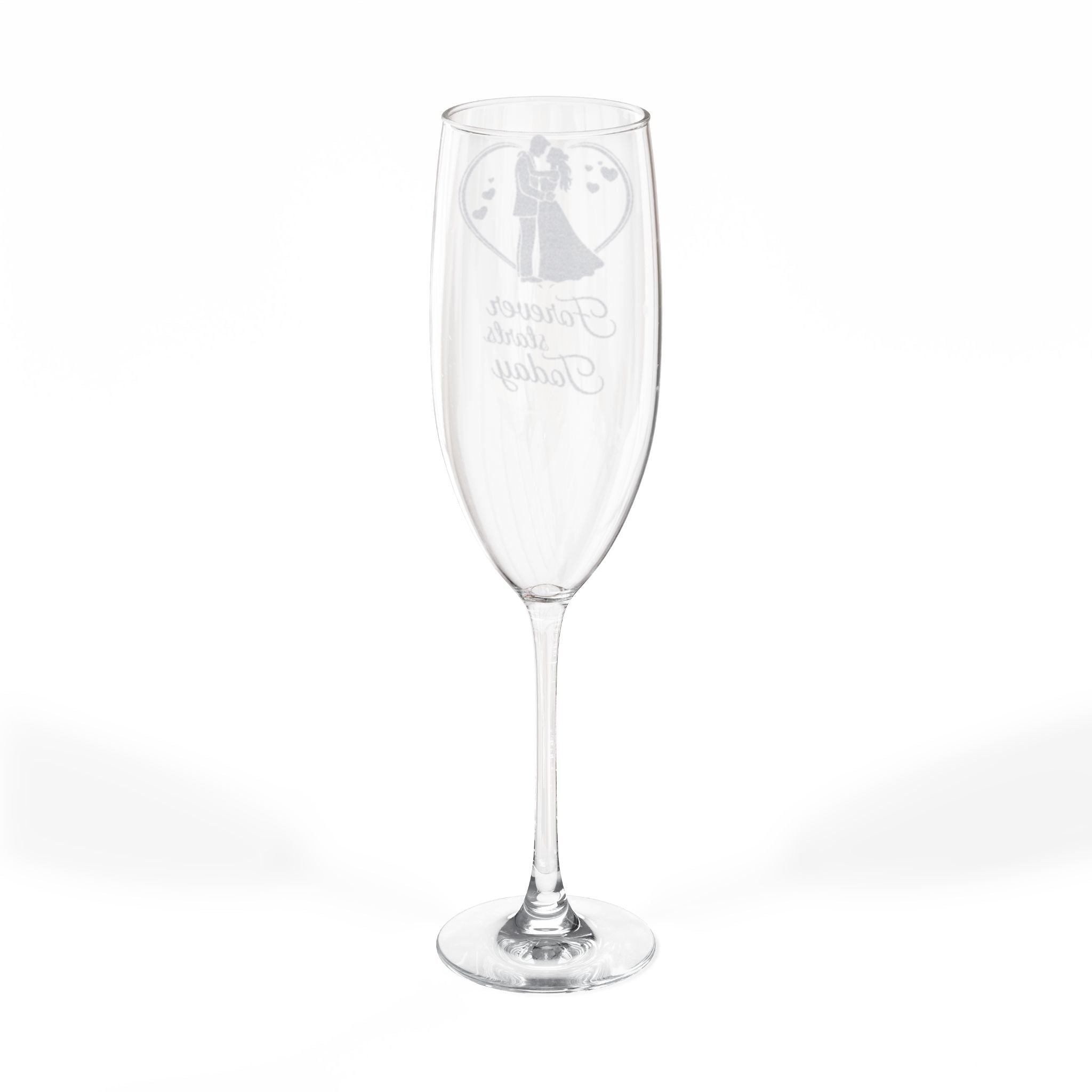 Champagne flute with etched couple silhouette and "Forever and Always" text.