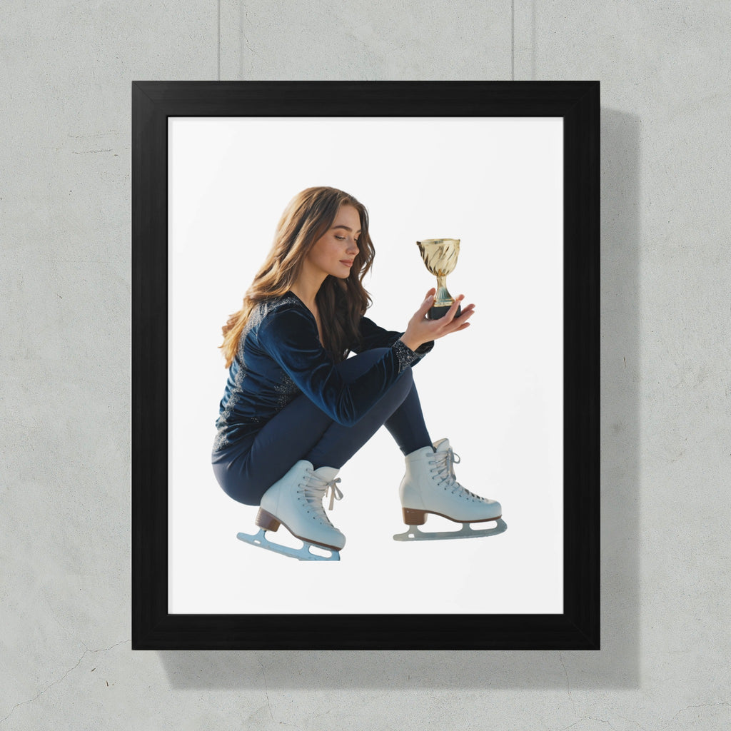 Young woman in ice skates holding a gold trophy.