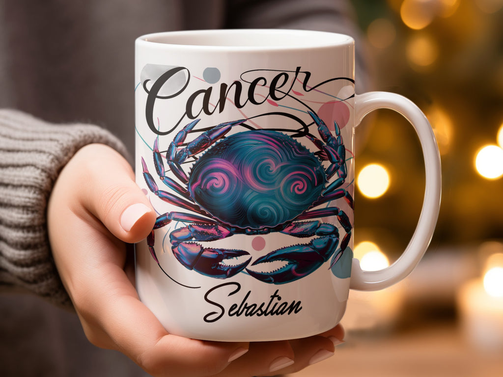 White mug with Cancer crab design and personalized name "Sebastian".