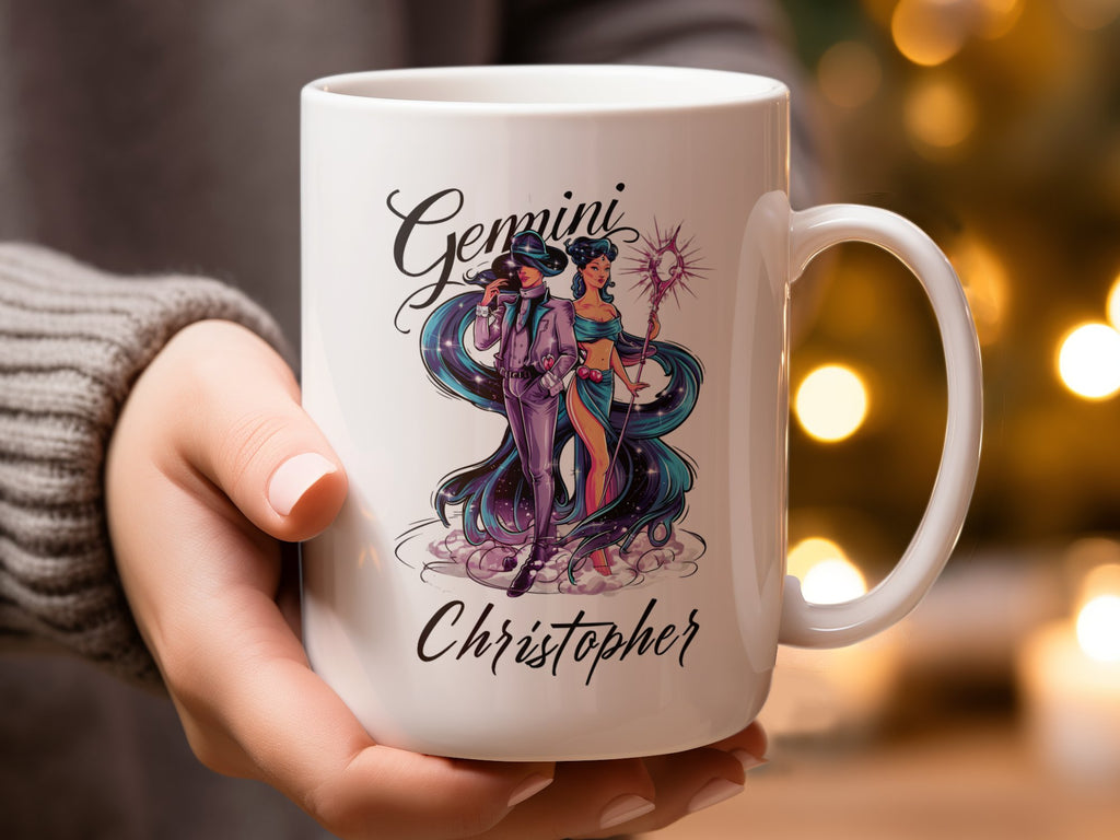 White mug with Gemini zodiac illustration and "Christopher" text.