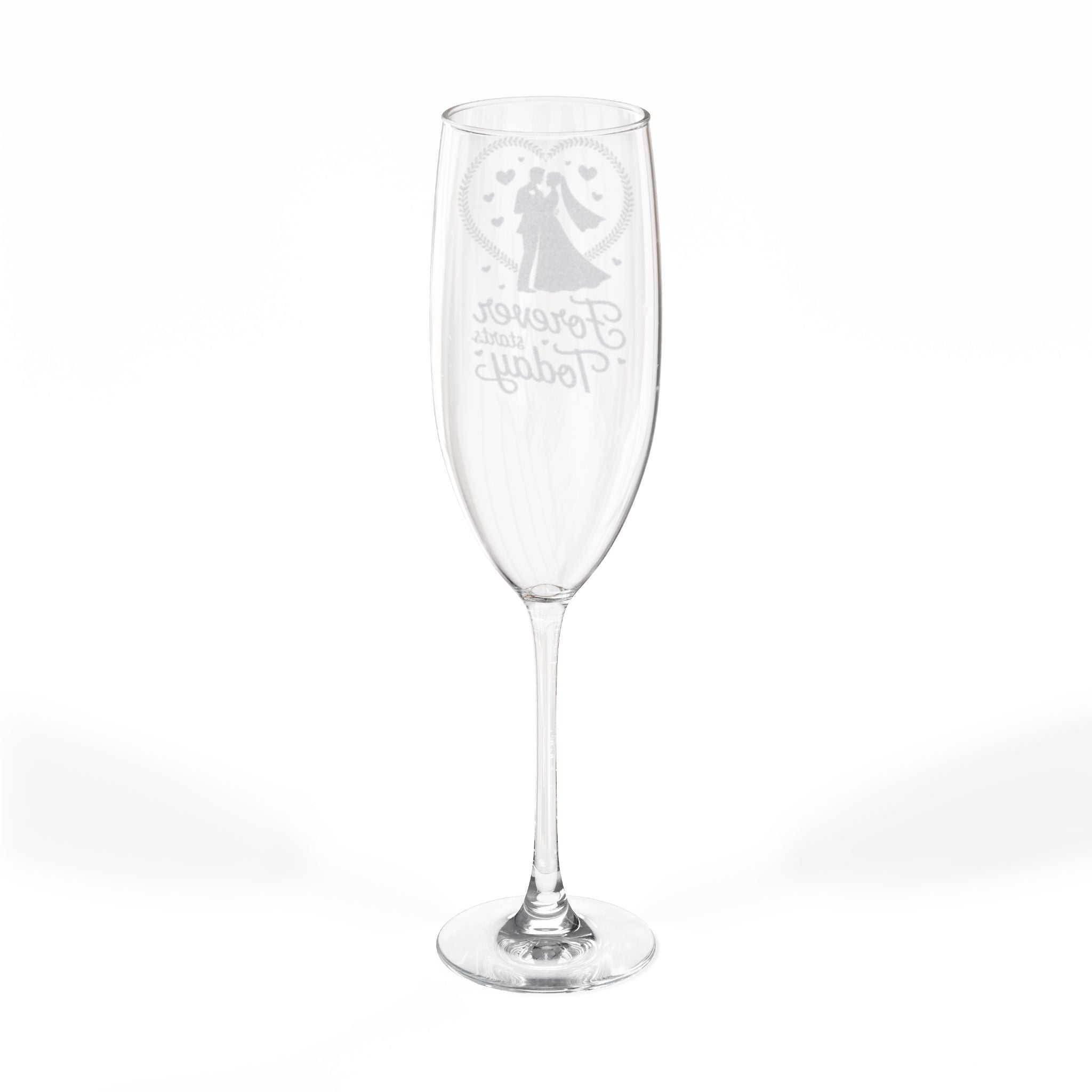 Engraved champagne flute with "Forever Yours" and heart-shaped floral design.