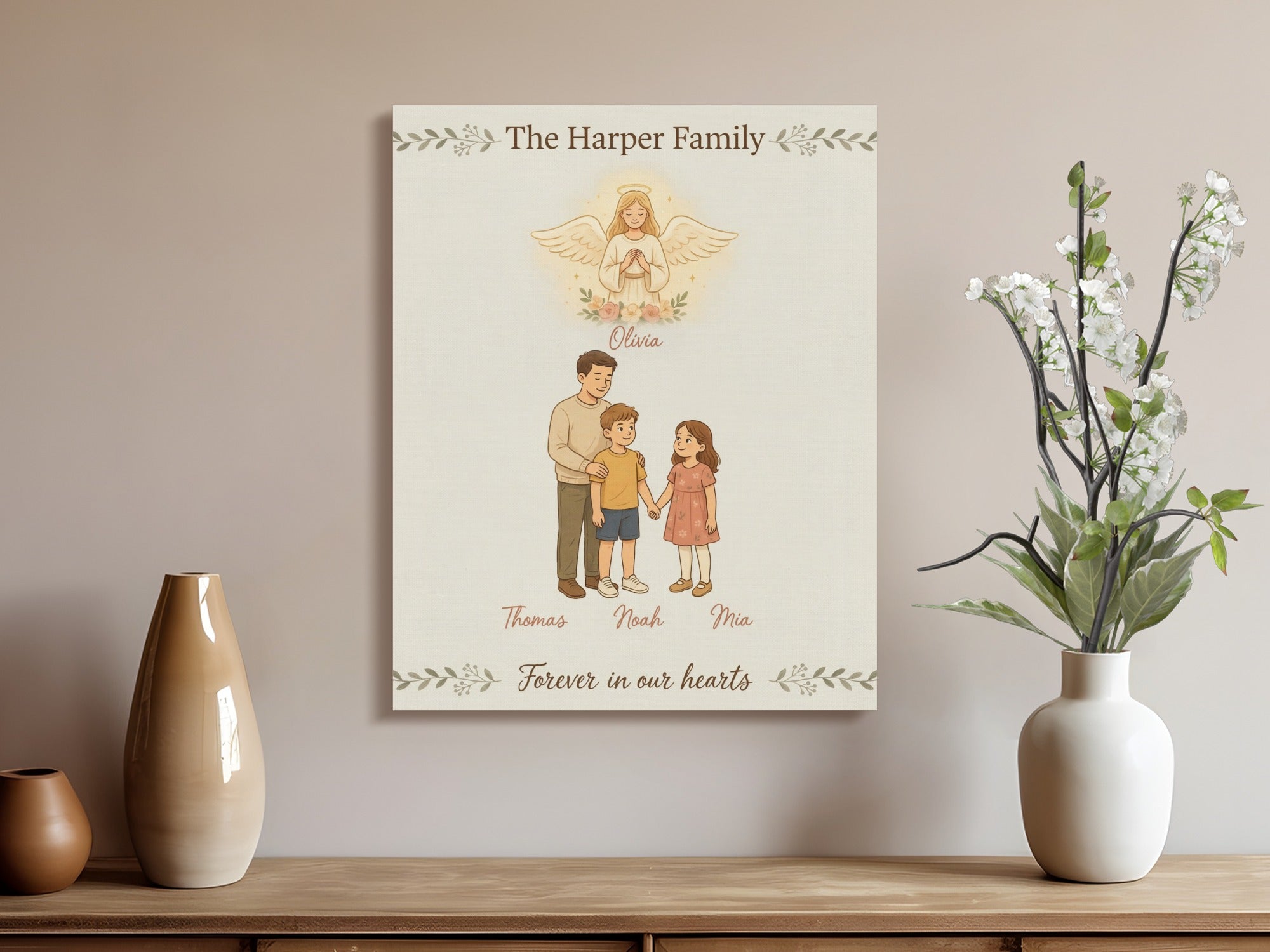The Harper Family with angel, Olivia, Thomas, Noah, Mia, and "Forever in our hearts".