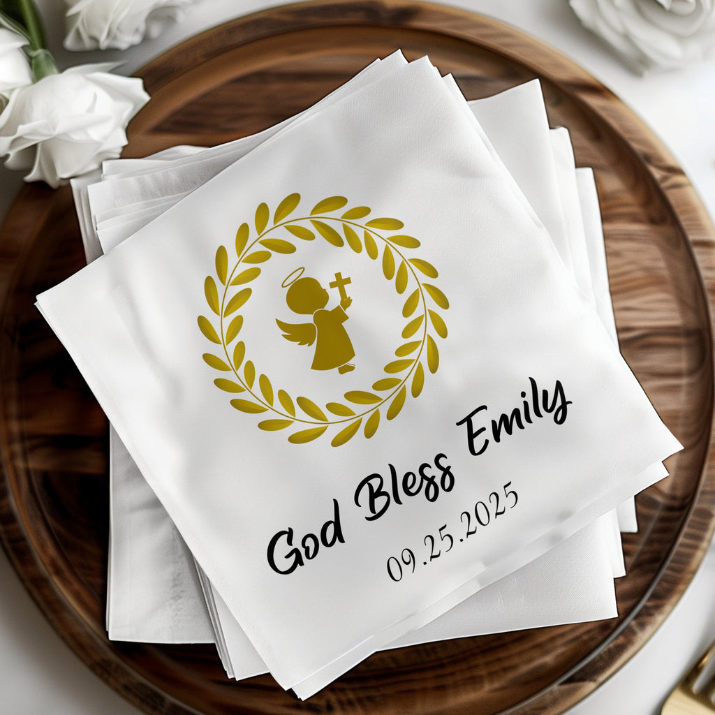 Gold angel and wreath design with "God Bless Emily 09.25.2025" on white napkins.