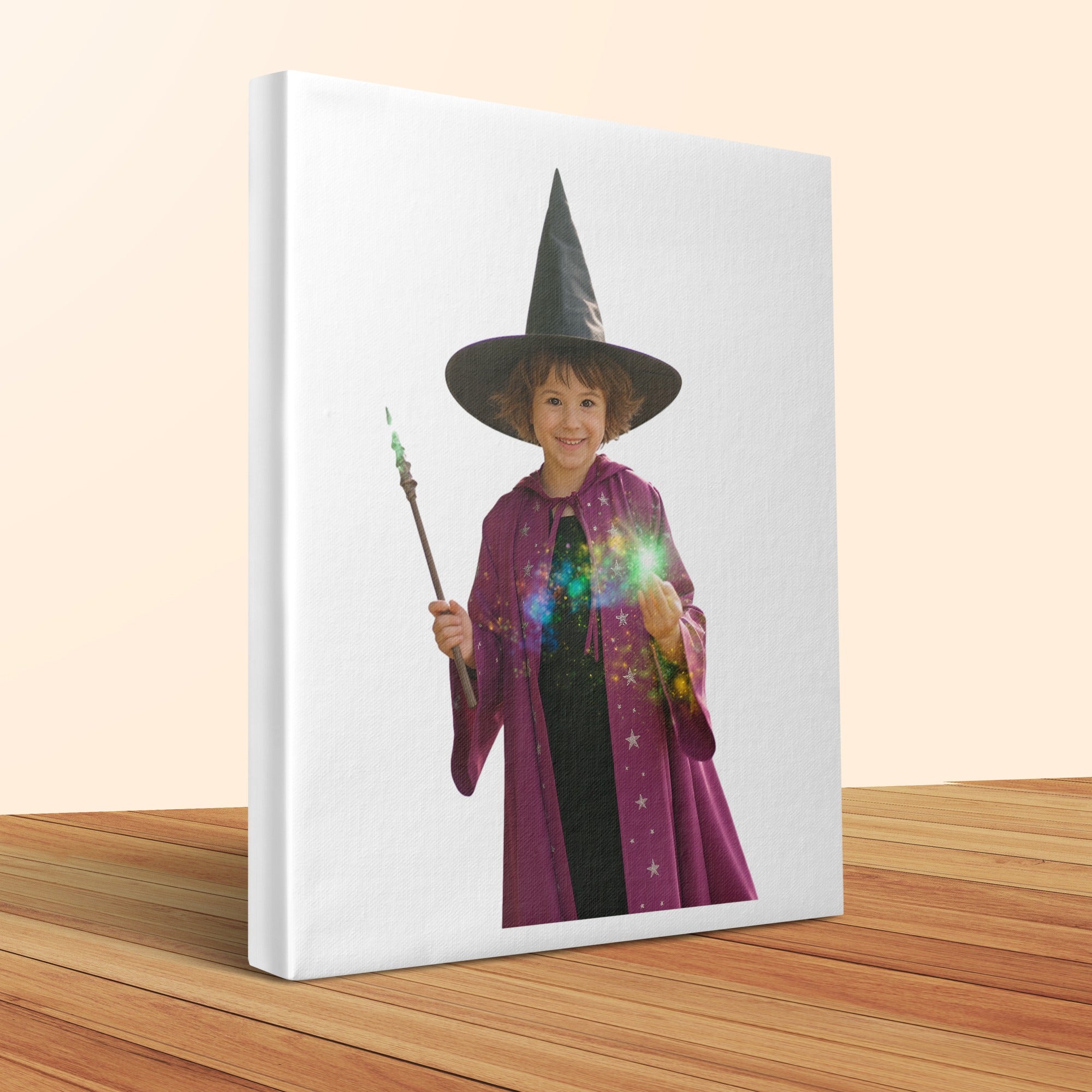 Girl in witch costume with hat and magic wand, holding starry orb.