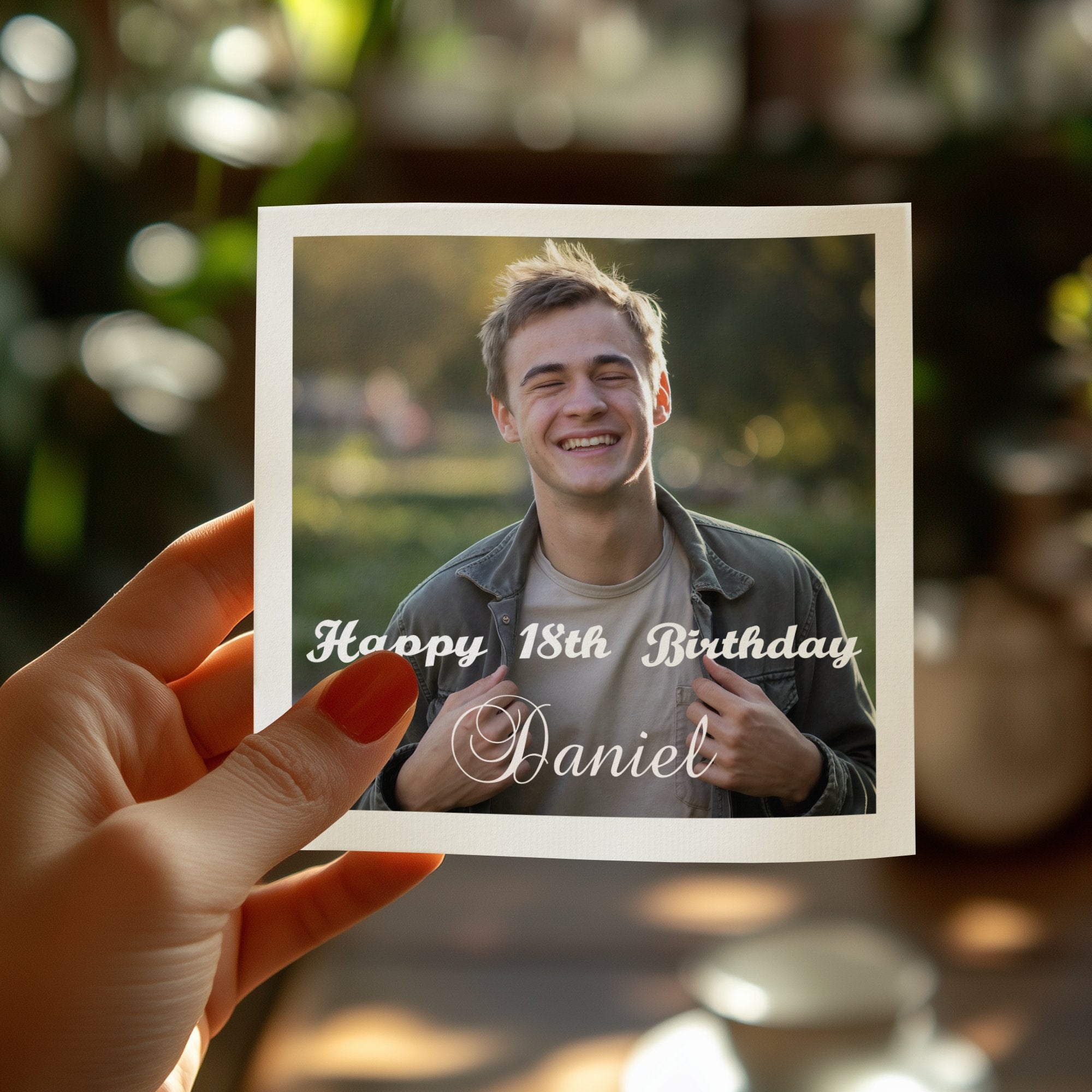 Young man smiling, wearing a gray jacket, with "Happy 18th Birthday Daniel" text.