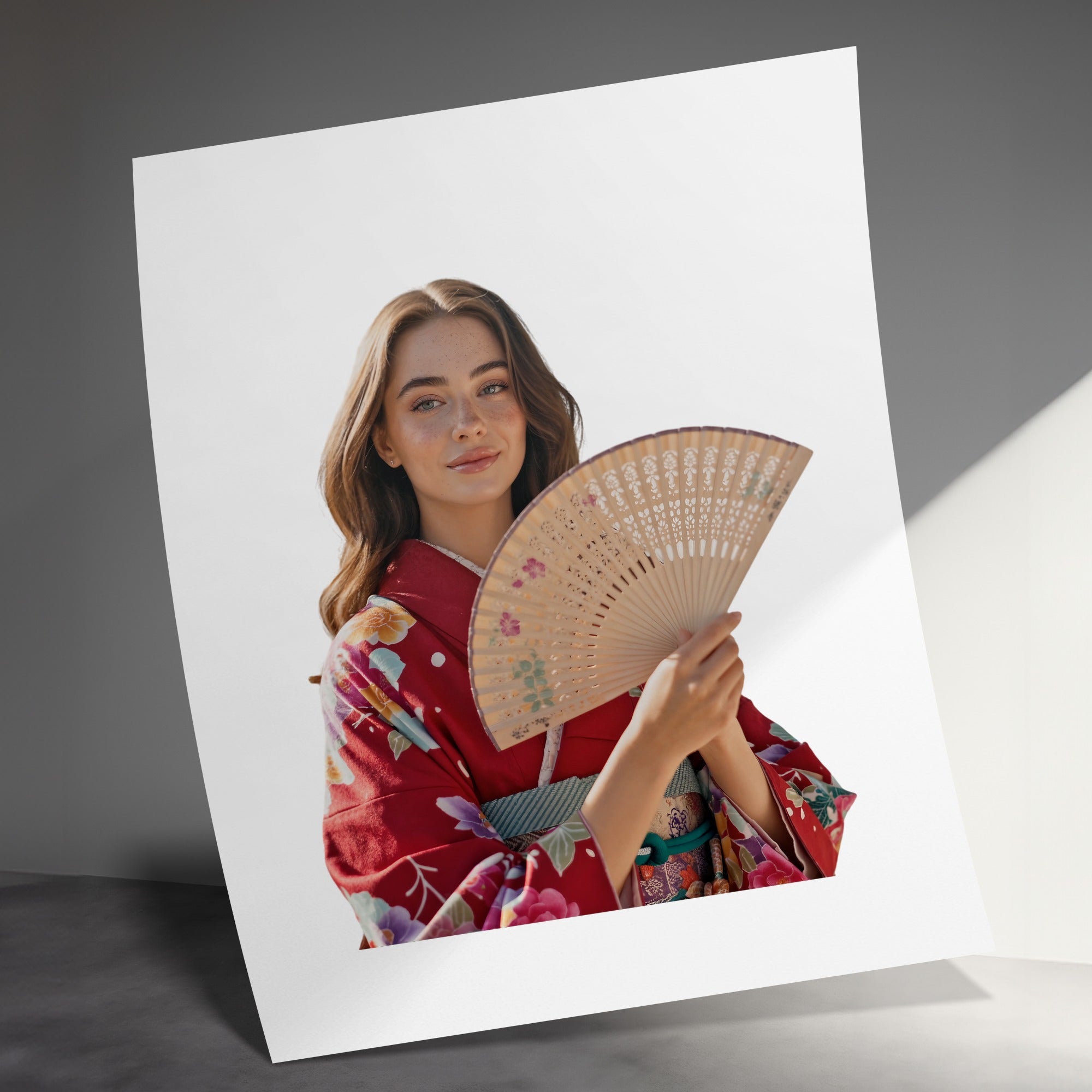 Woman in red floral kimono holding a fan, looking forward.