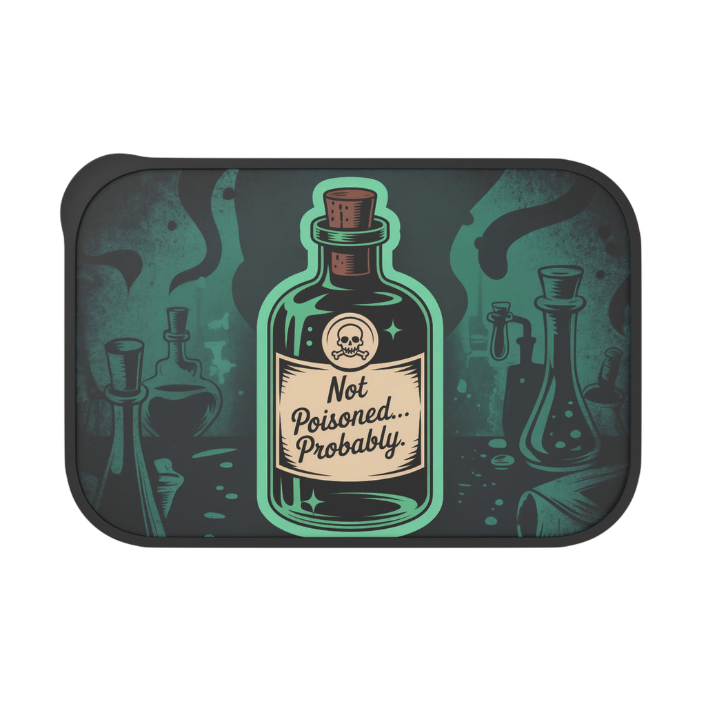 Bottle with "Not Poisoned... Probably" label on a shelf with potion bottles.