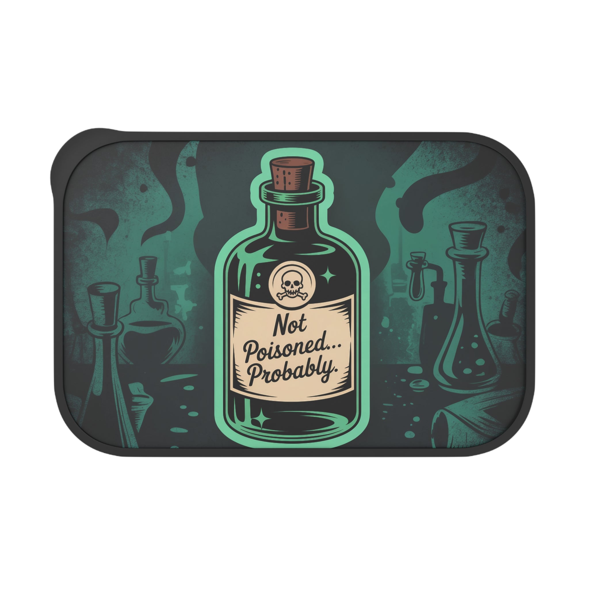 Bottle with "Not Poisoned... Probably" label on a shelf with potion bottles.
