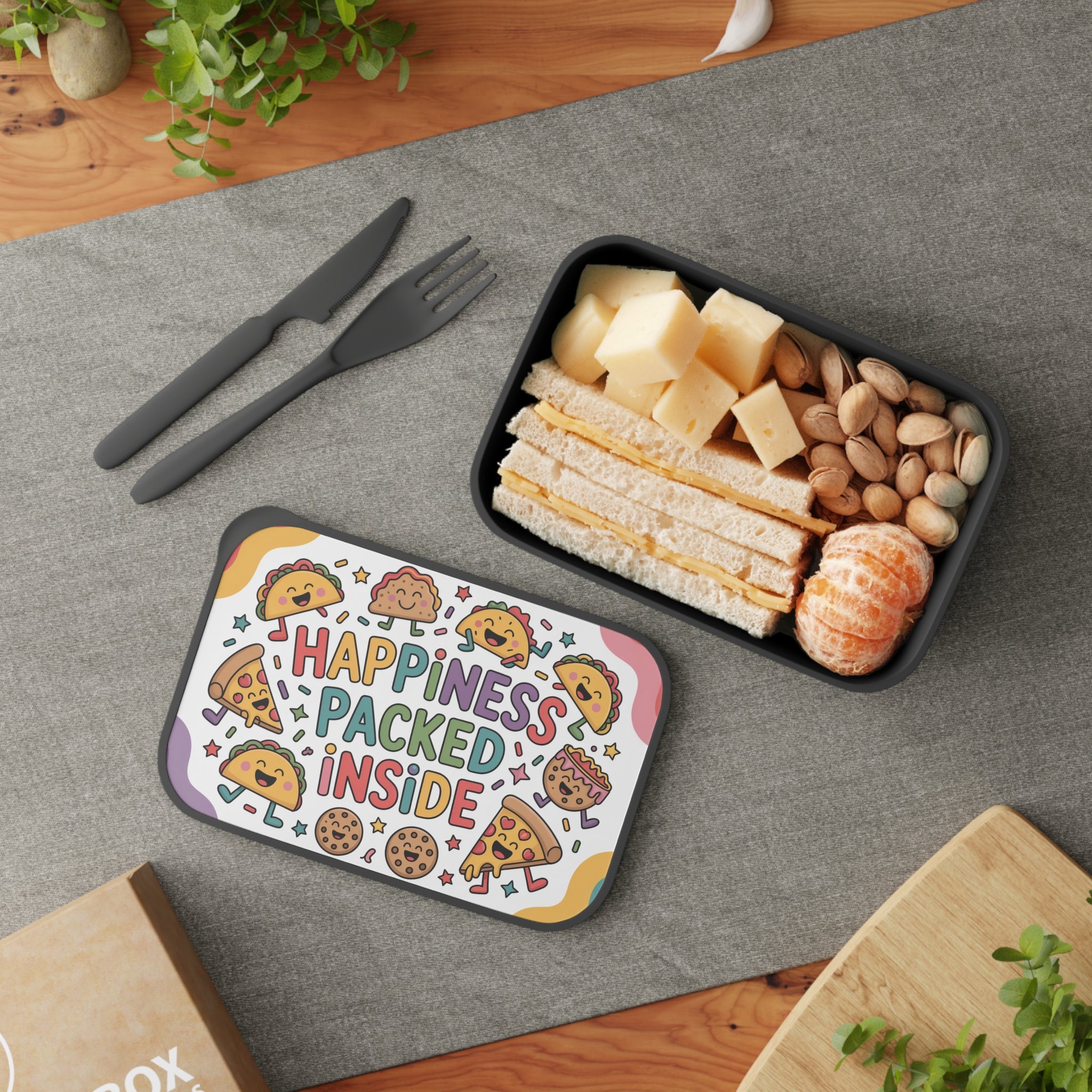 Lunchbox with "Happiness Packed Inside" text and a bento box with sandwich and snacks.