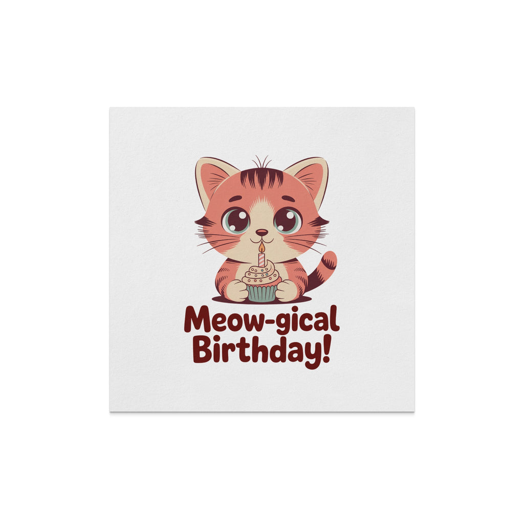 Cartoon cat holding a cupcake with "Meow-gical Birthday!" text.