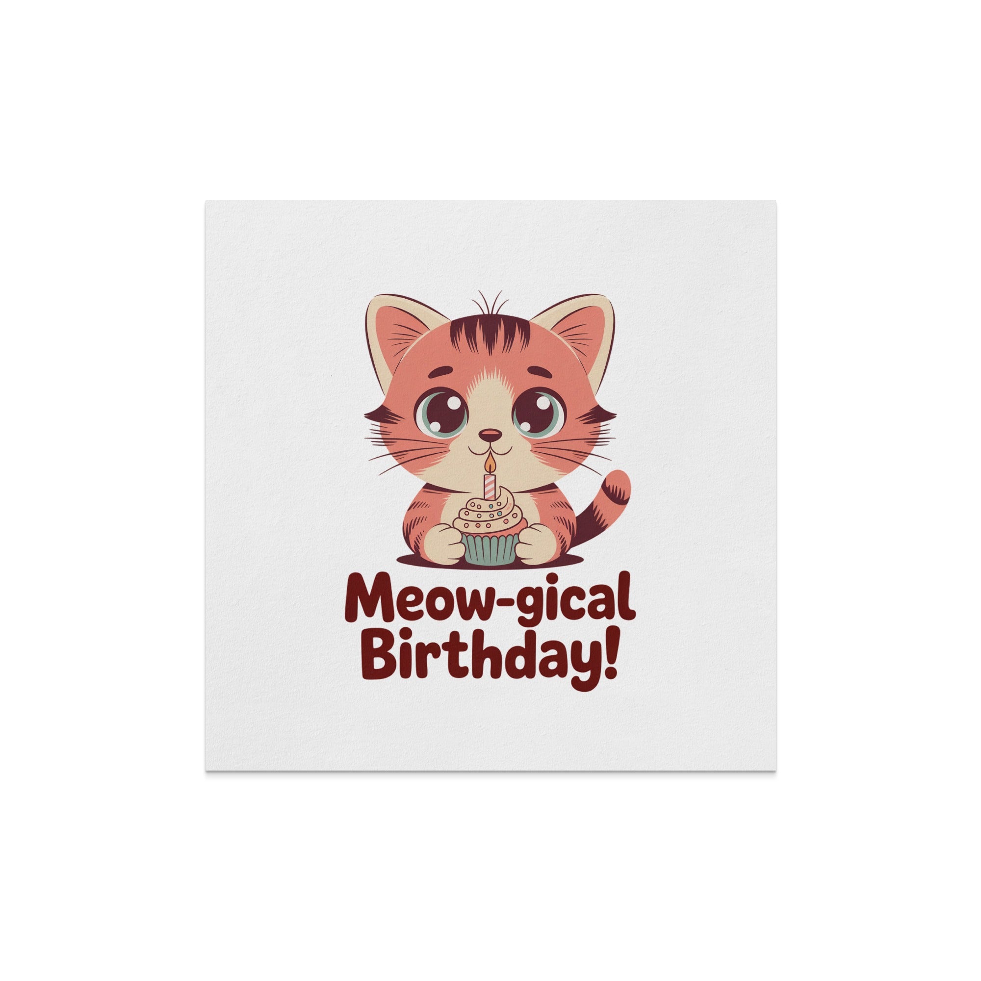 Cartoon cat holding a cupcake with "Meow-gical Birthday!" text.