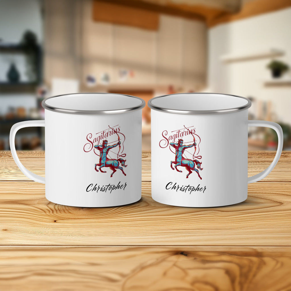 Two white enamel mugs with "Sagittarius Christopher" text and constellation design.