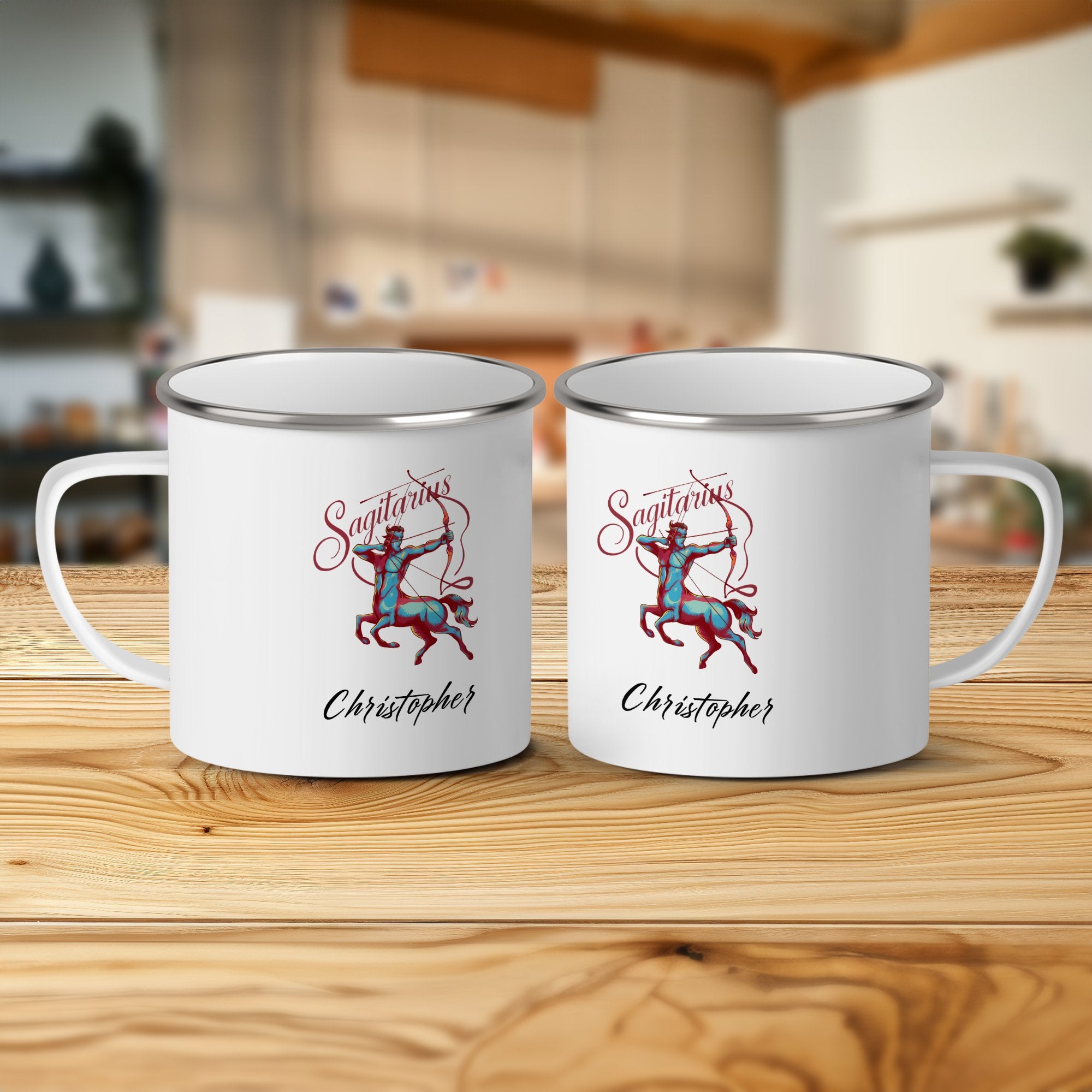 Two white enamel mugs with "Sagittarius Christopher" text and constellation design.