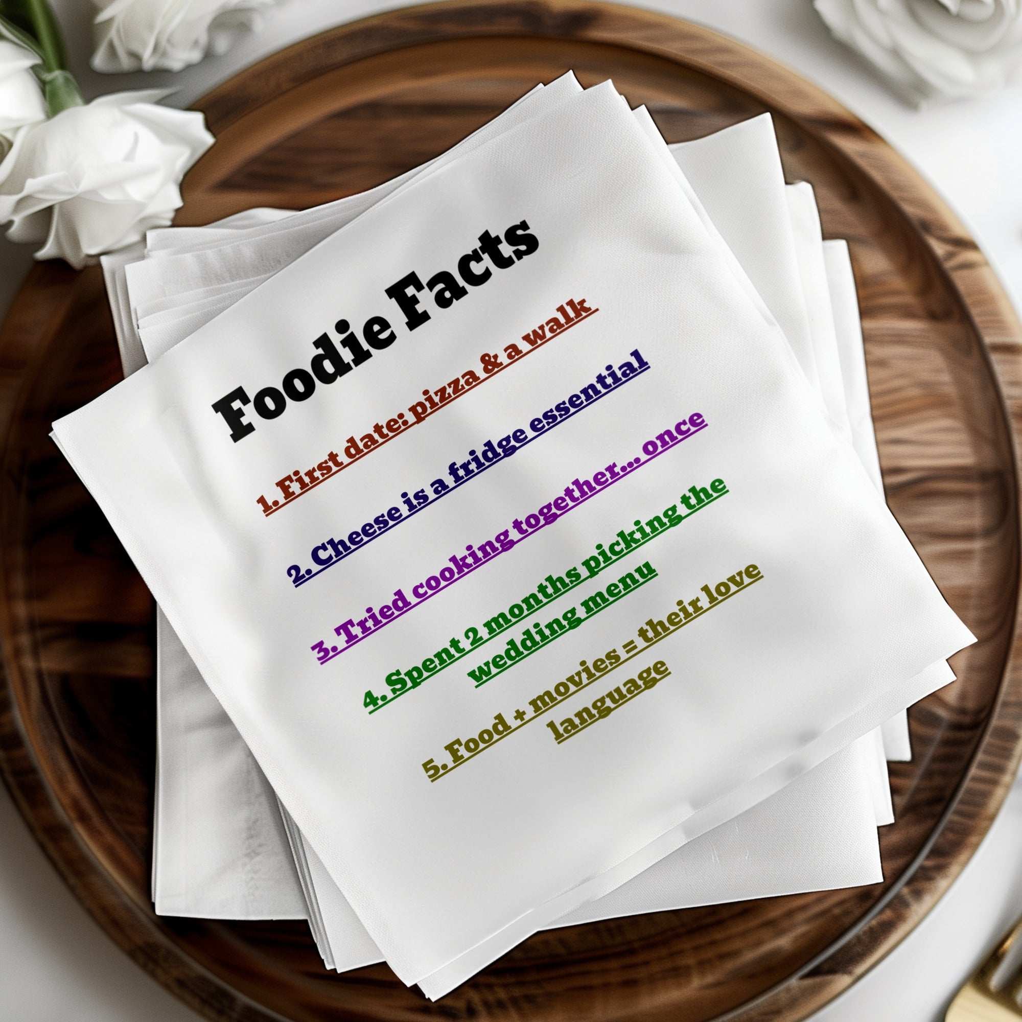 Foodie Facts about a couple's relationship listed on napkins.