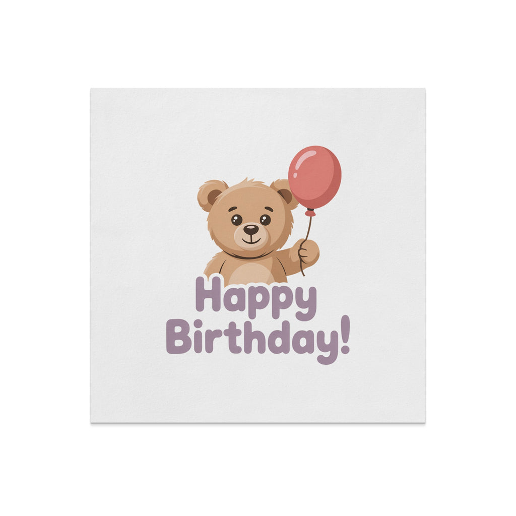 Teddy bear holding a balloon above "Happy Birthday!" text.