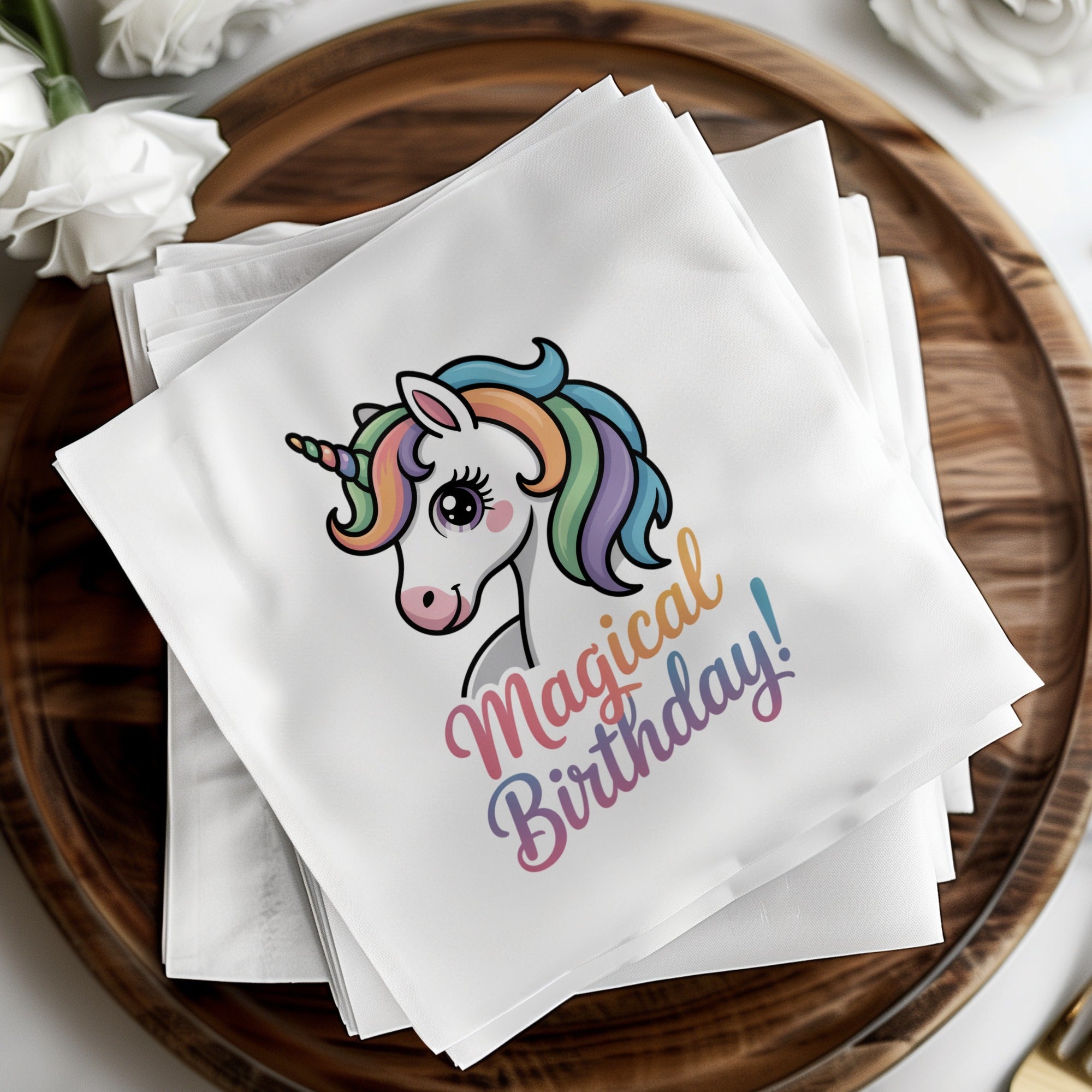 White napkins with a colorful unicorn and "Magical Birthday" text.