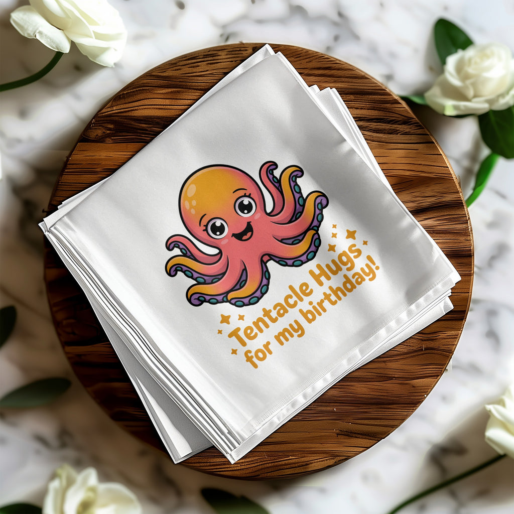White cloth napkin with a cartoon octopus and text "Tentacle Hugs for my Birthday!".
