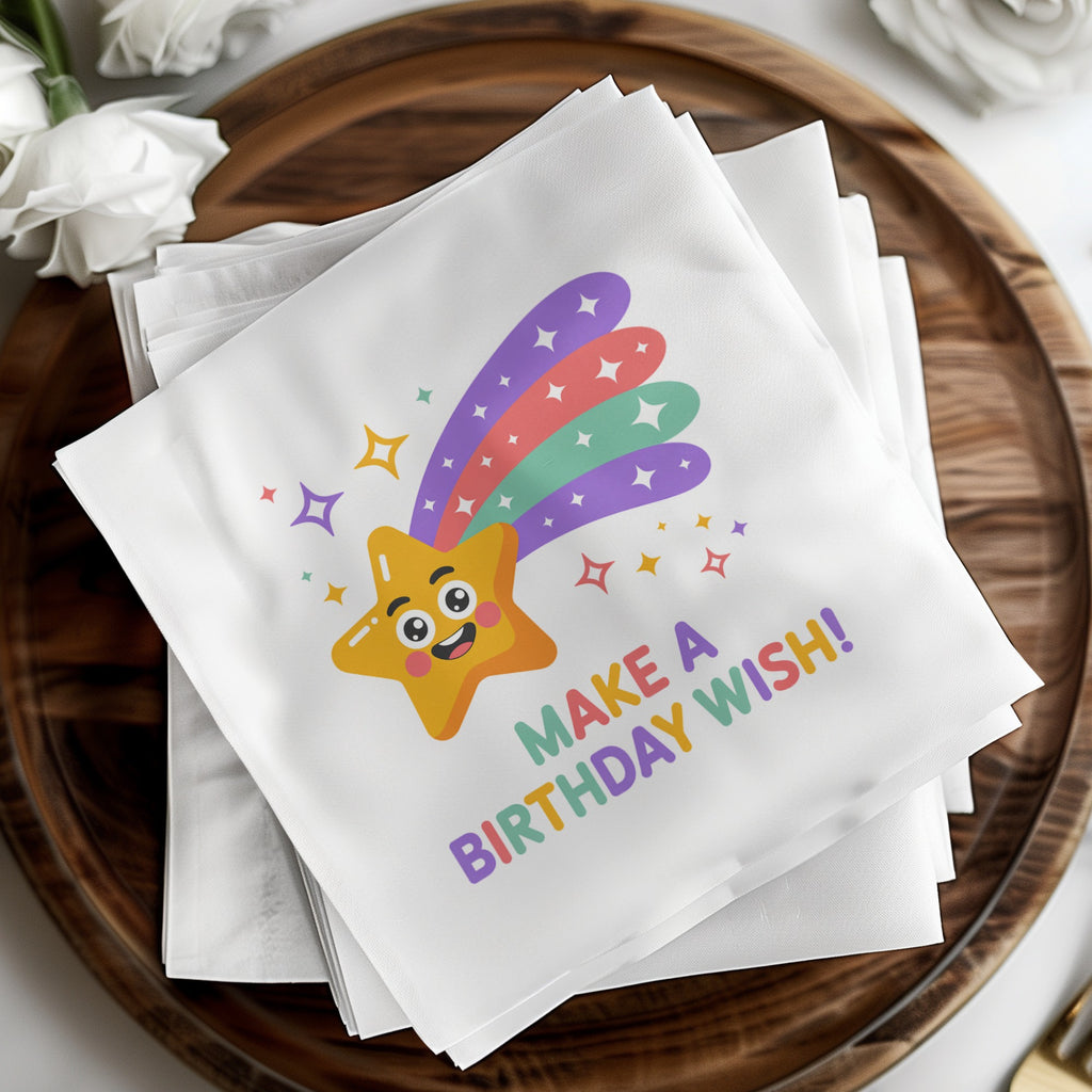 White cocktail napkin with a smiling star and "Make a Birthday Wish!" text.