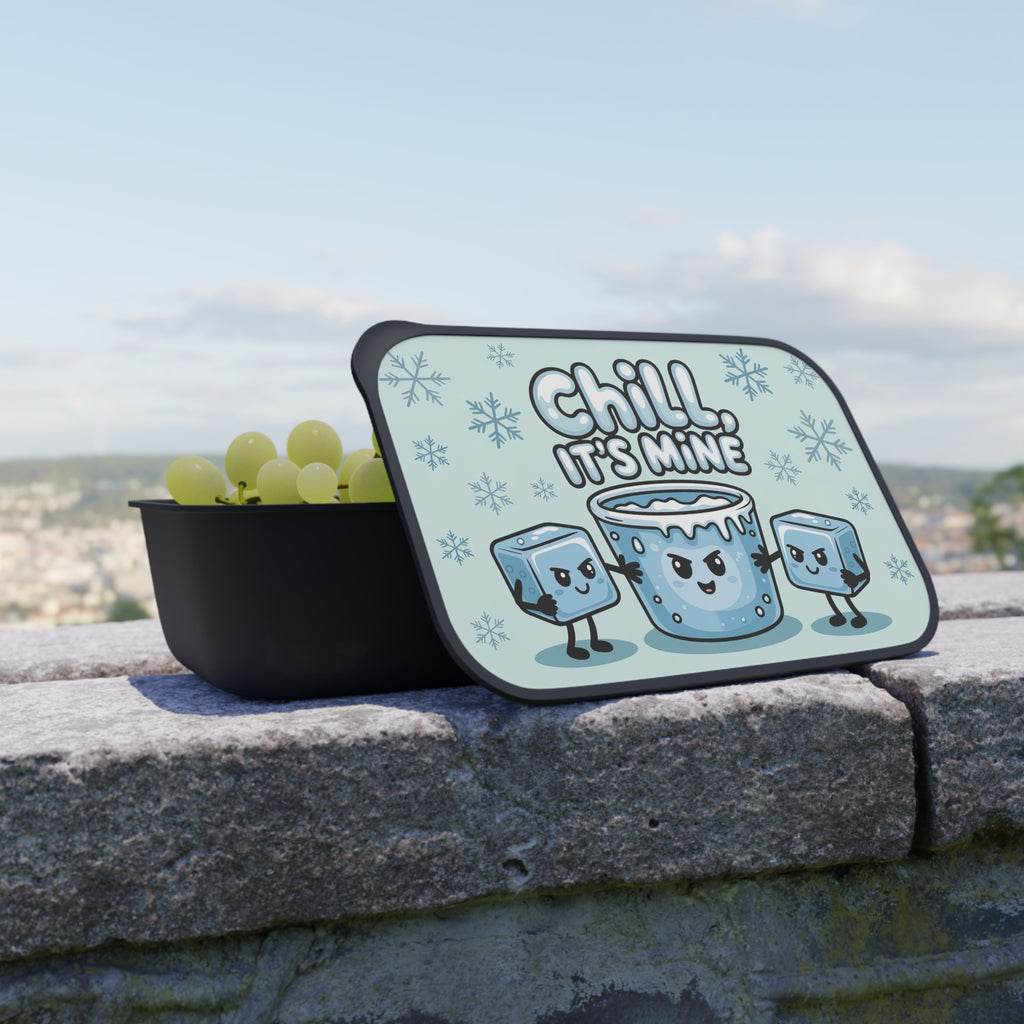 Lunchbox with cartoon ice cubes and "Chill, It's Mine" text.