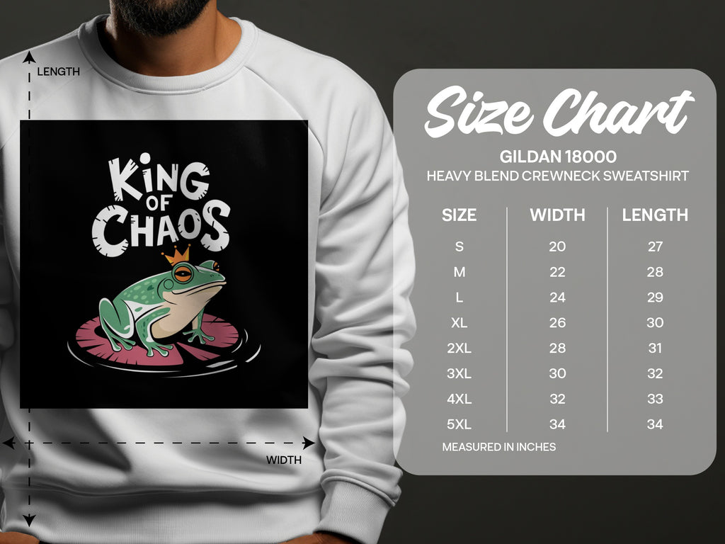 Gildan 18000 sweatshirt size chart with frog graphic.