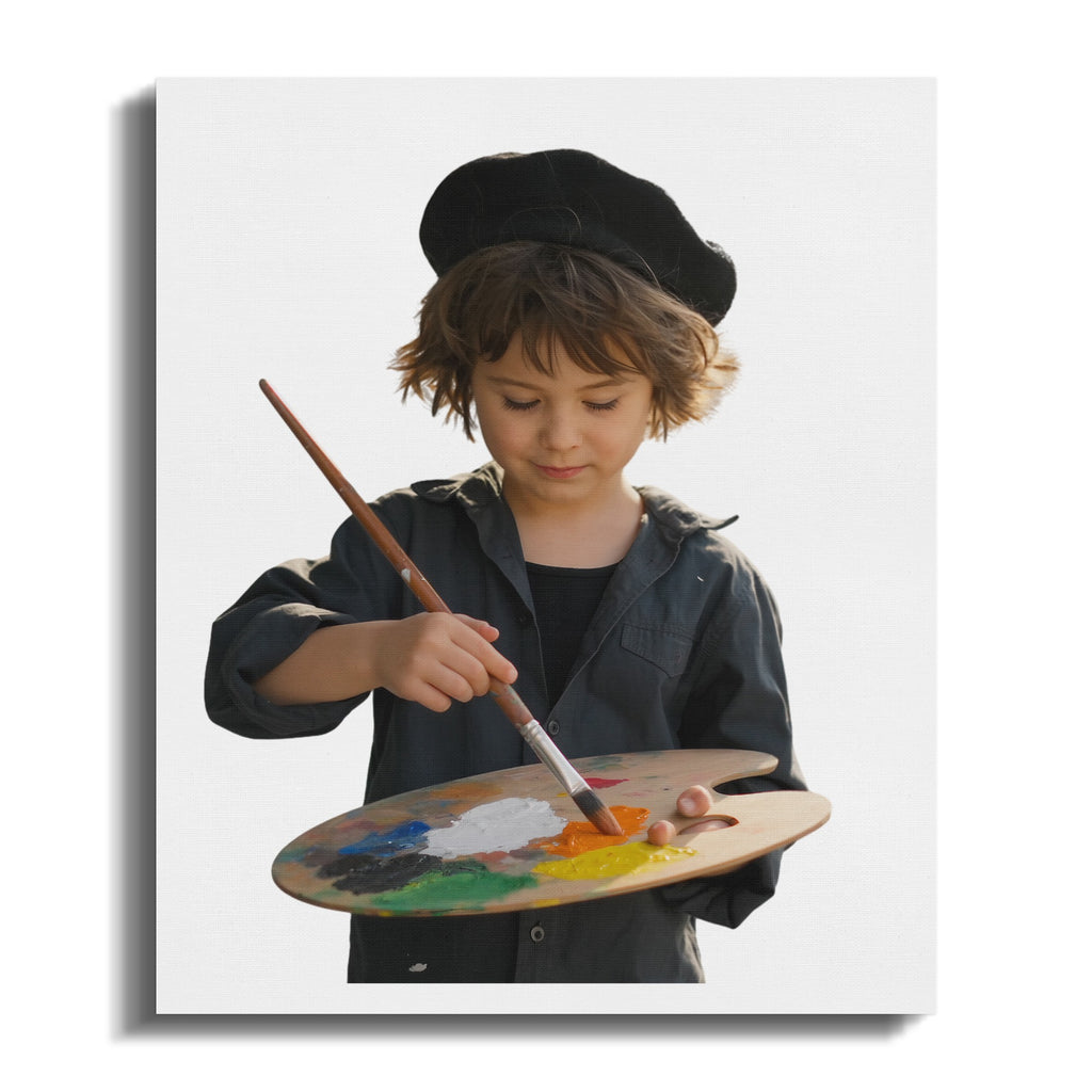 Young artist in beret holds palette and paintbrush, creating art.