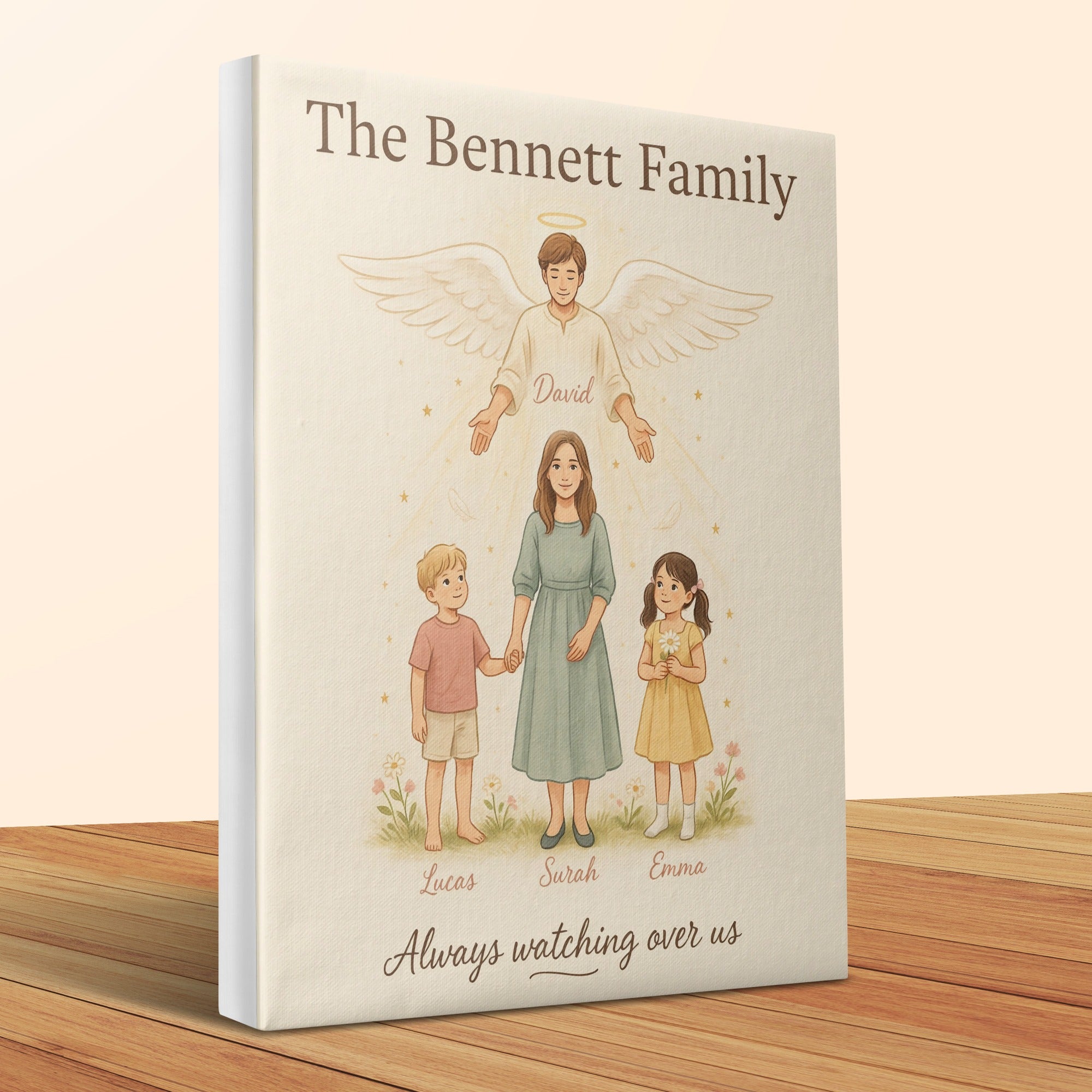 The Bennett Family artwork with angel David, mother, Lucas, Surah, and Emma.