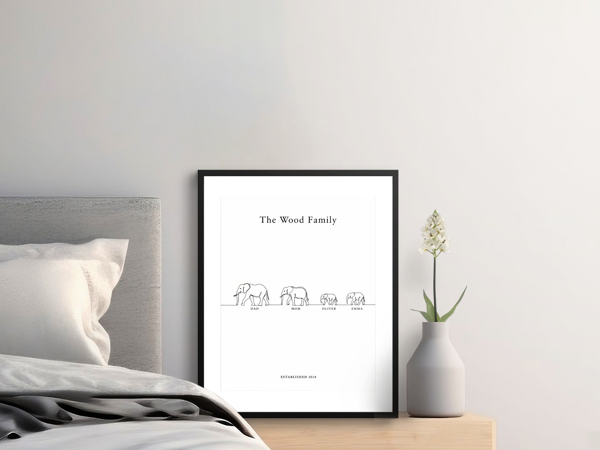 "The Wood Family" print featuring elephant silhouettes and "Established 2018".