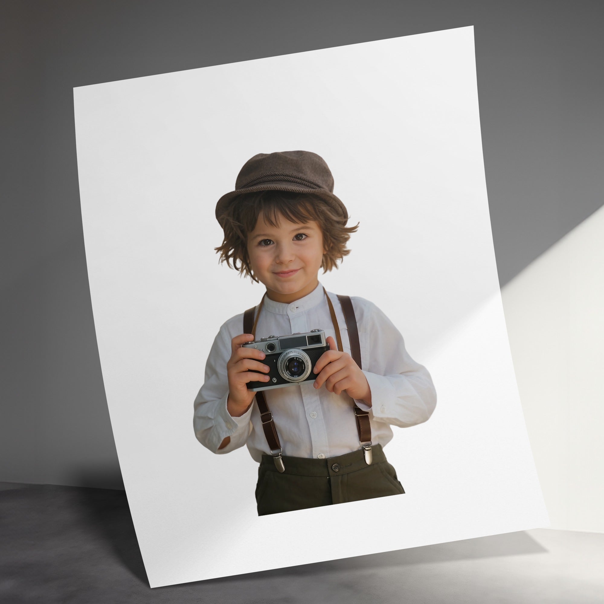 Young boy in suspenders and hat holding an antique camera.