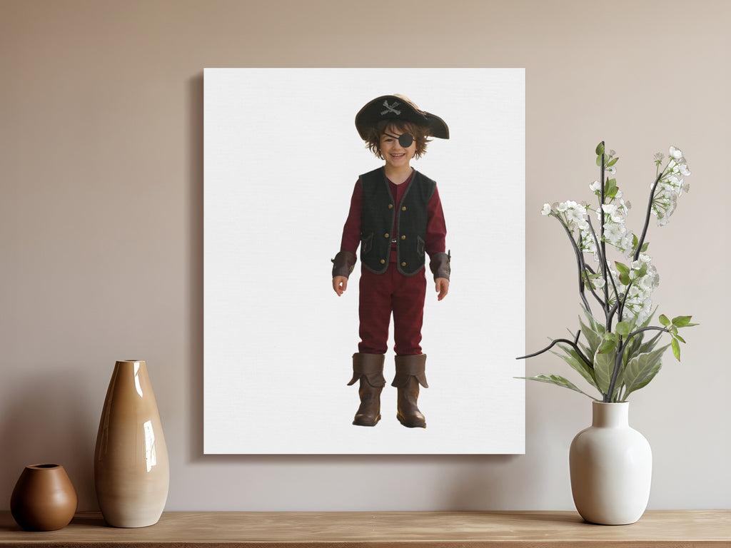 Young child dressed as a pirate, smiling, standing against a white background.
