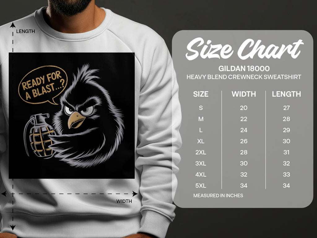 Sweatshirt size chart with cartoon grenade character and text "Ready for a blast...?"