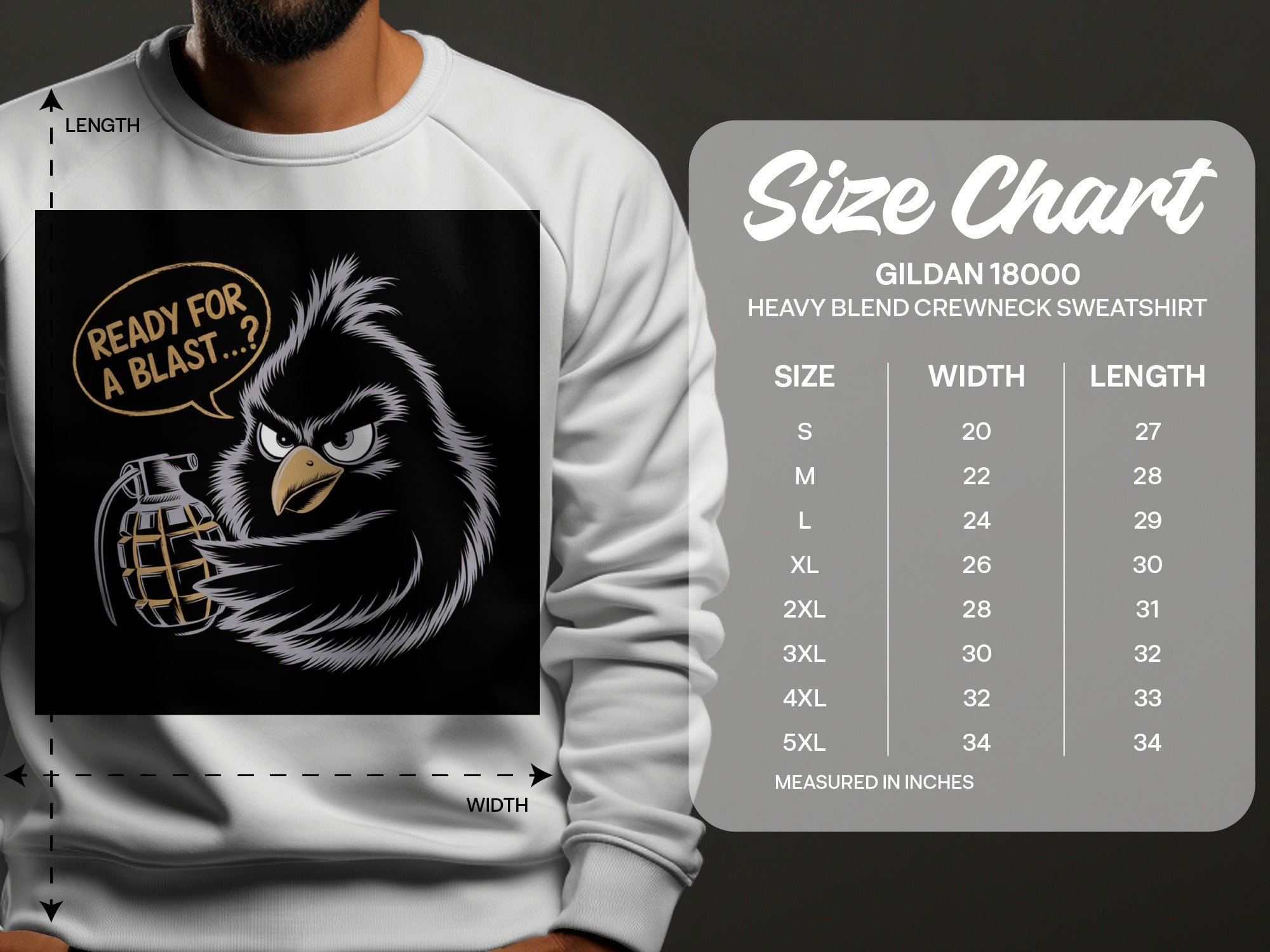 Sweatshirt size chart with cartoon grenade character and text "Ready for a blast...?"