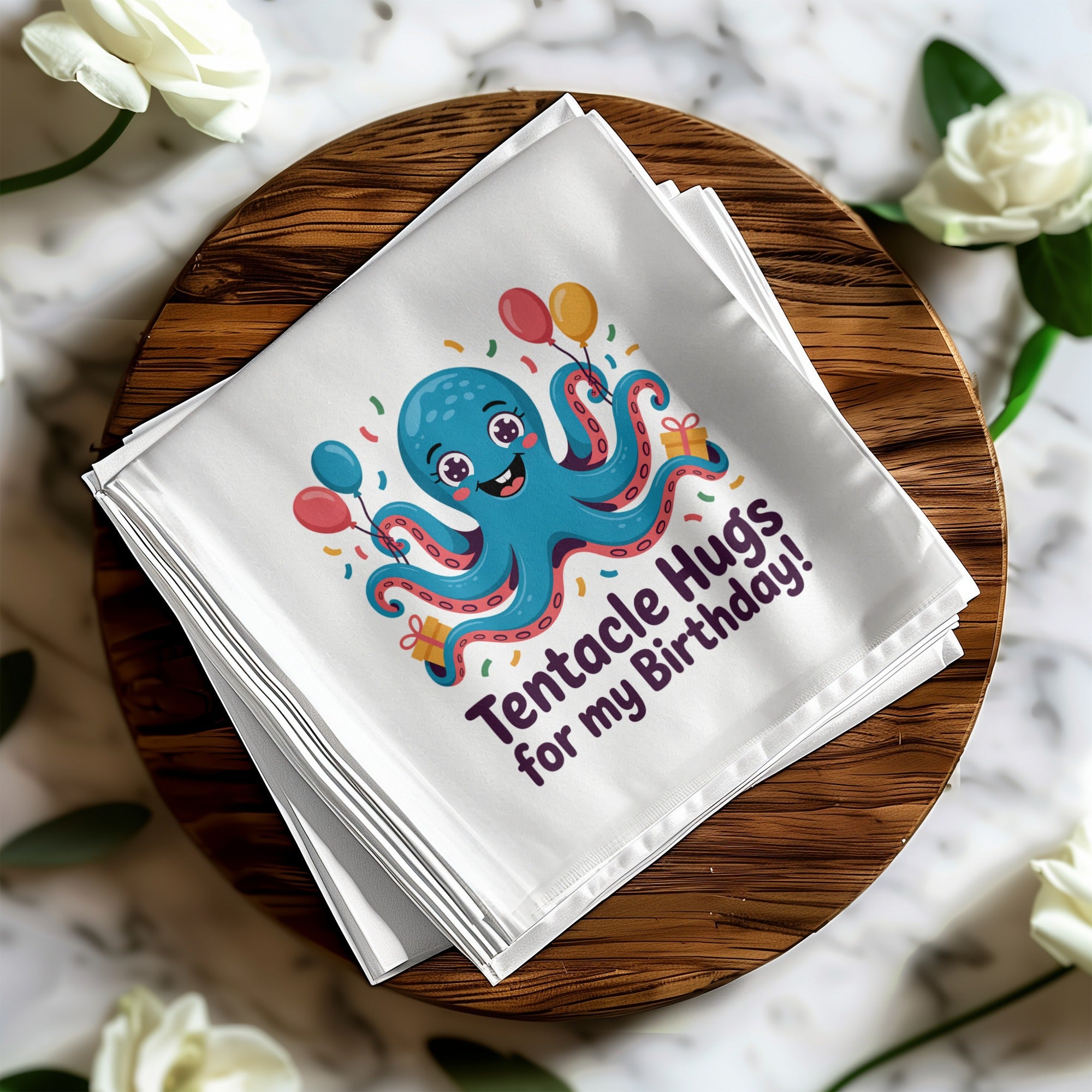 Blue octopus with balloons on a birthday napkin.