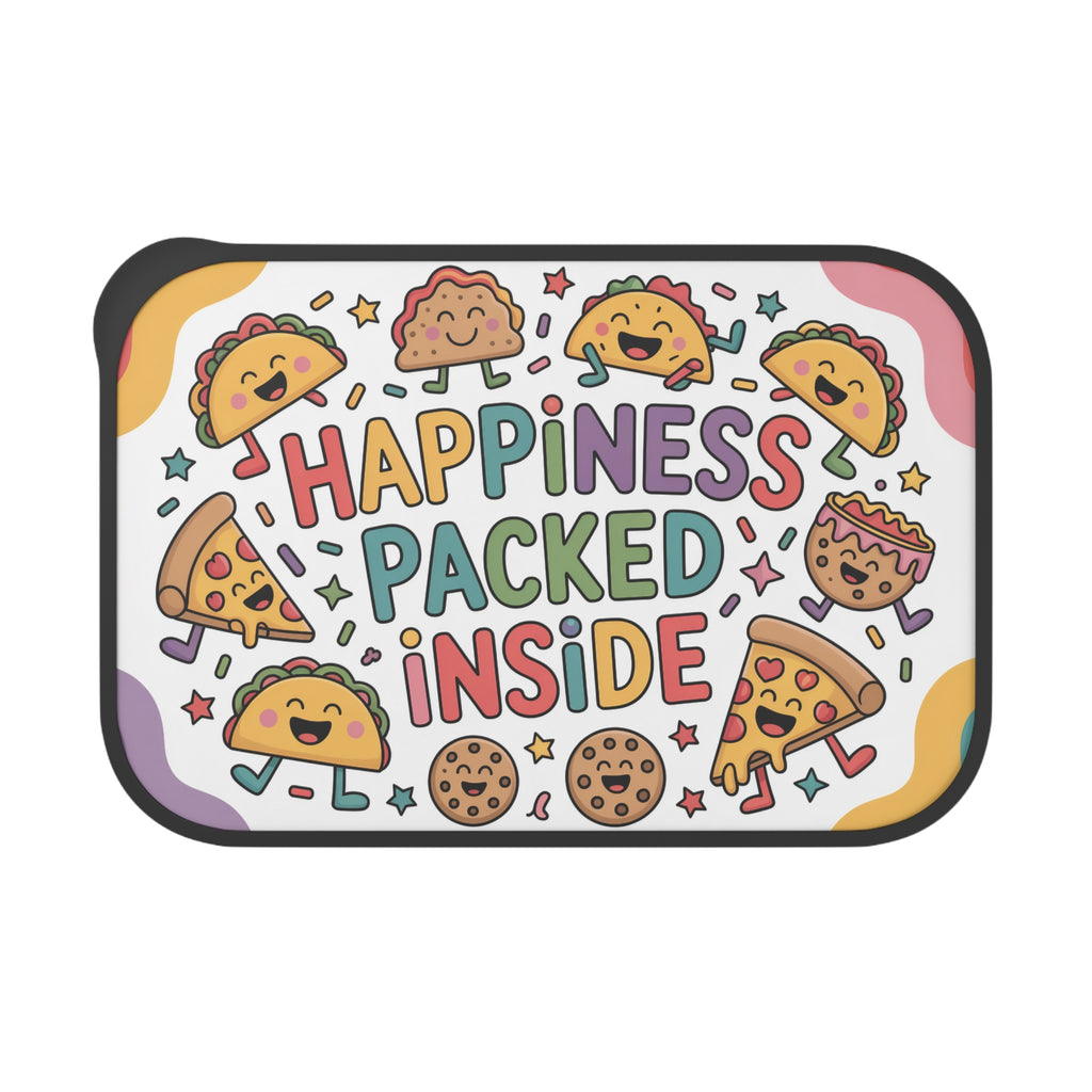 Tacos, pizza, and cookies spell "Happiness Packed Inside".
