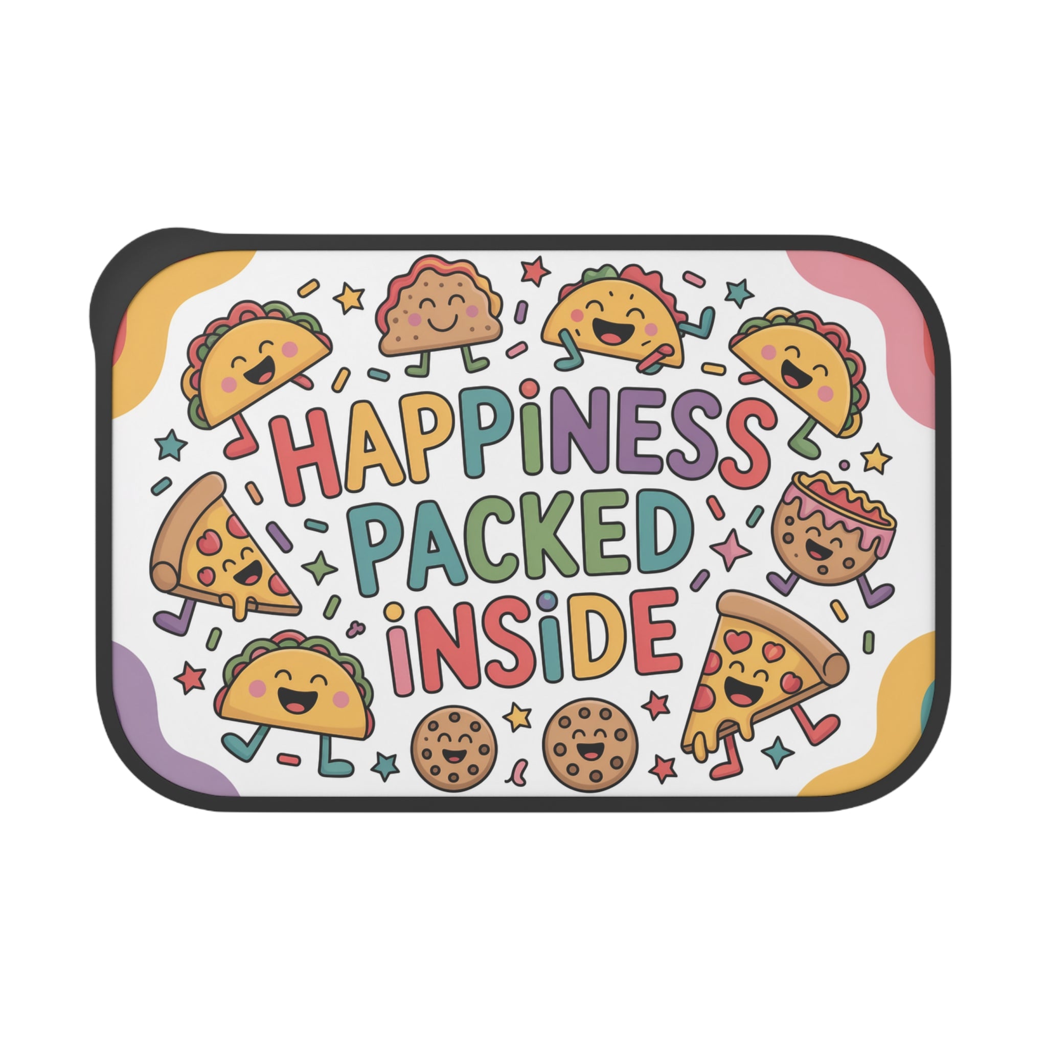 Tacos, pizza, and cookies spell "Happiness Packed Inside".