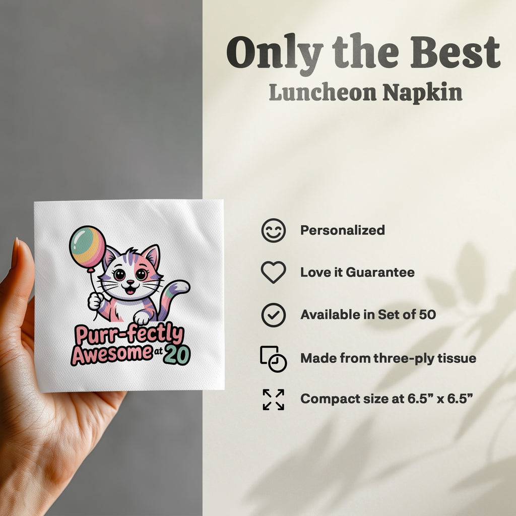 Napkin with cat balloon and "Purr-fectly Awesome 20" text.