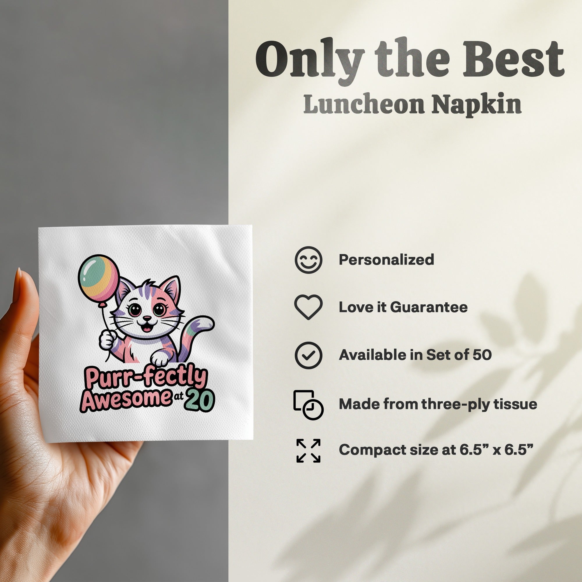 Napkin with cat balloon and "Purr-fectly Awesome 20" text.
