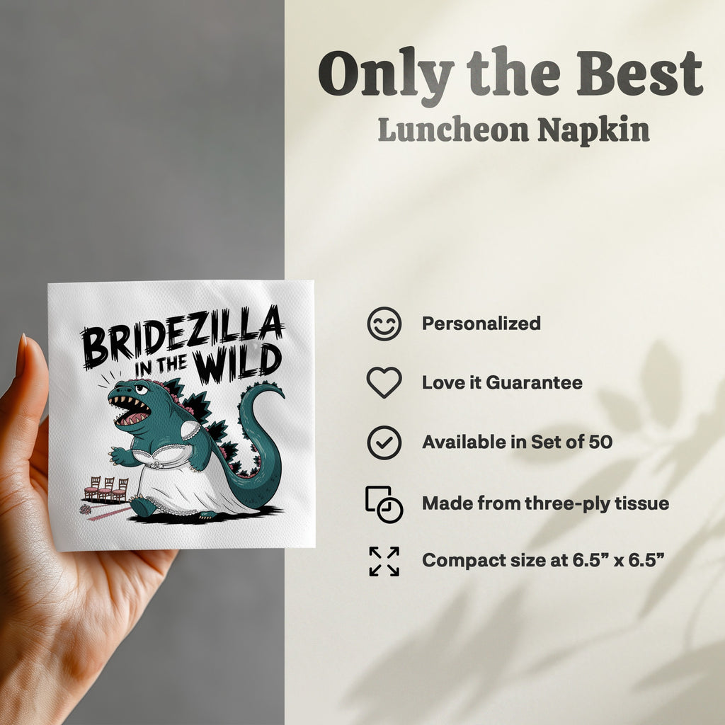 Bridezilla Luncheon Napkin with cartoon Godzilla in a wedding dress.